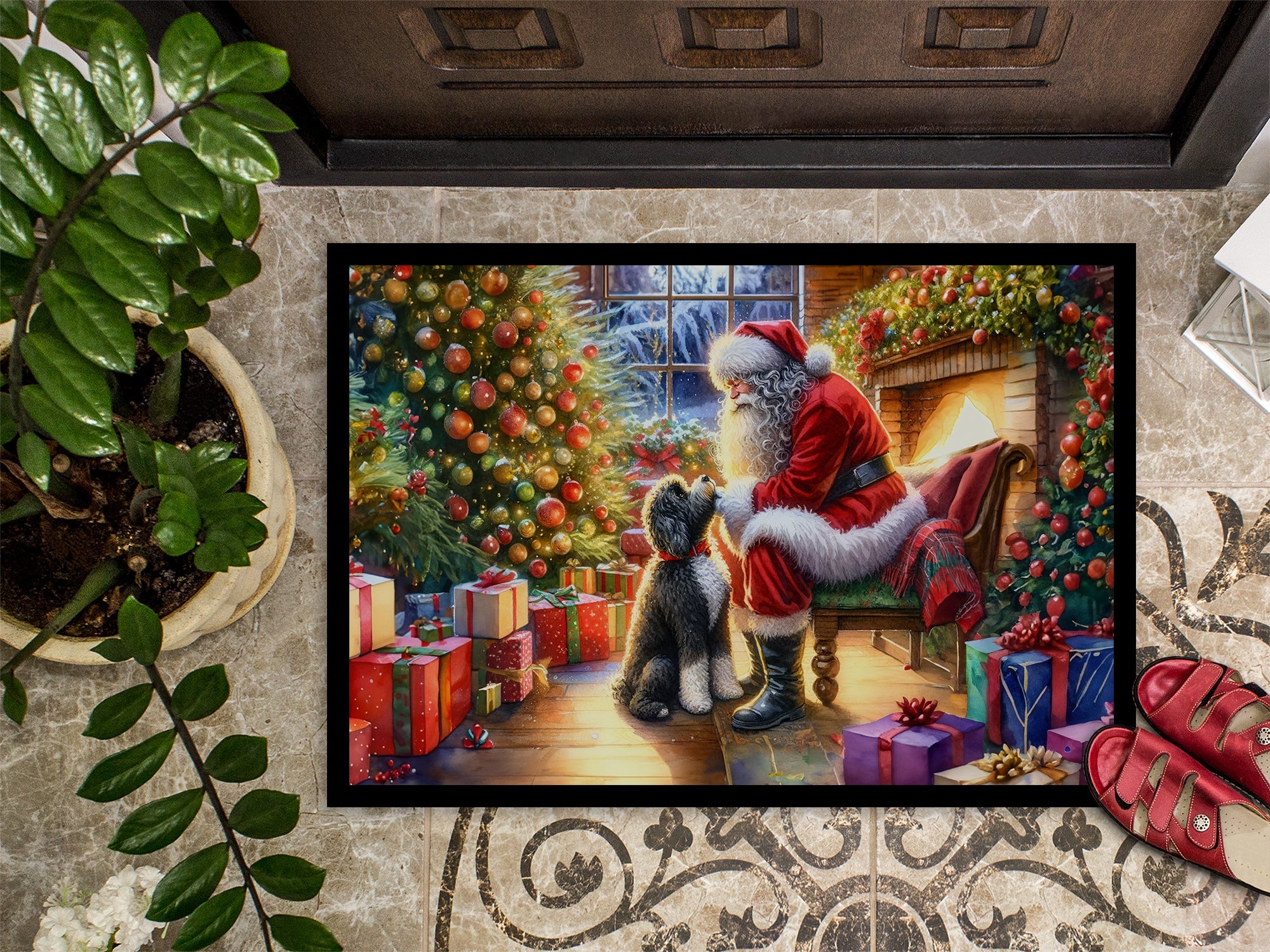 Portuguese Water Dog and Santa Claus Doormat Indoor Outdoor 24H X 36W Front Door Mat Rugs for Entryway, Non Slip Washable Low Pile,