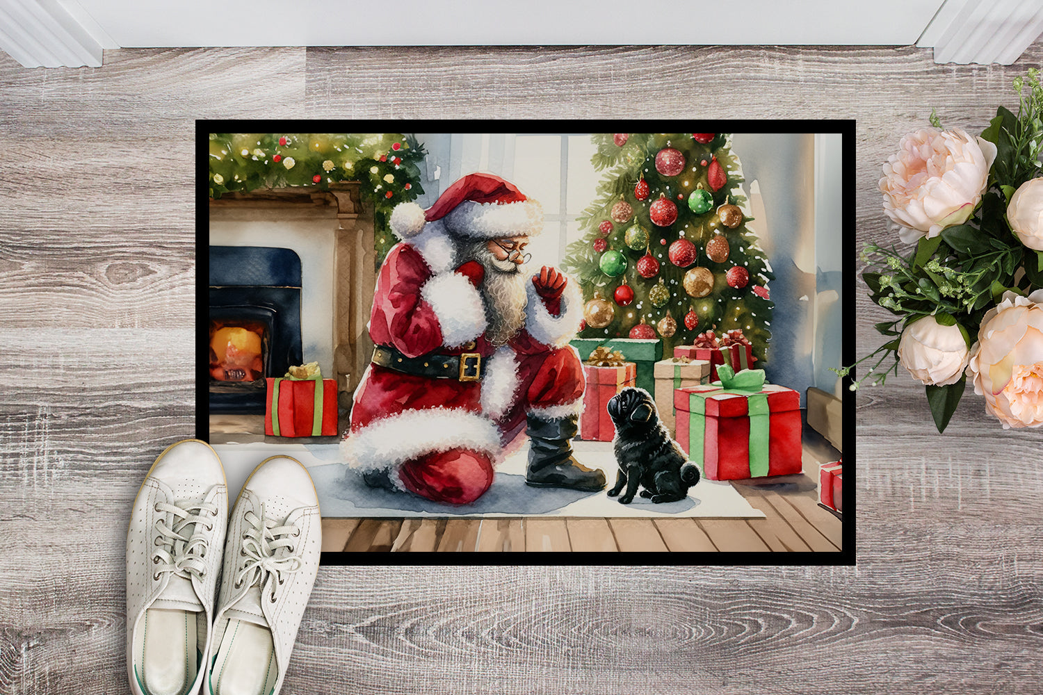 Black Pug and Santa Claus Doormat Indoor Outdoor 18H X 27W Front Door Mat Rugs for Entryway, Non Slip Washable