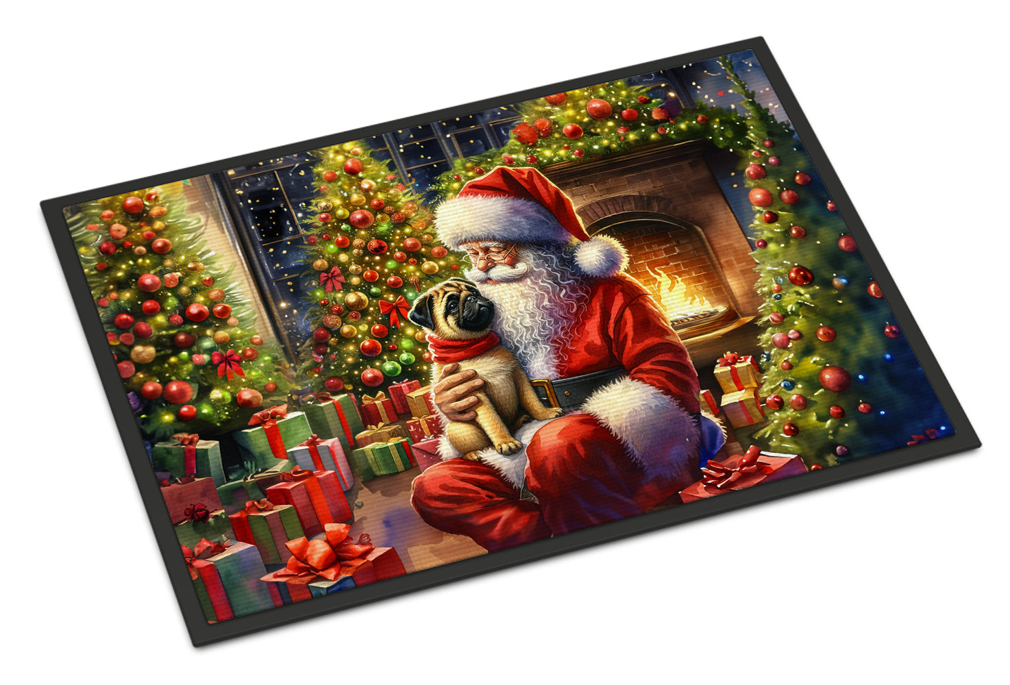 Fawn Pug and Santa Claus Doormat Indoor Outdoor 24H X 36W Front Door Mat Rugs for Entryway, Non Slip Washable Low Pile,