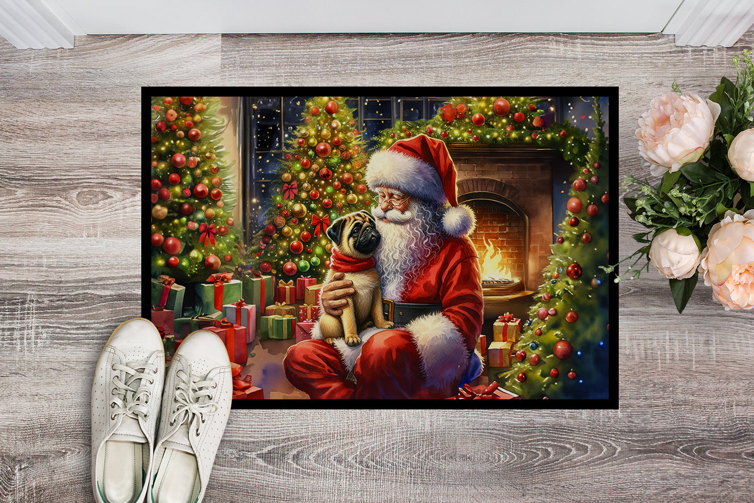 Fawn Pug and Santa Claus Doormat Indoor Outdoor 18H X 27W Front Door Mat Rugs for Entryway, Non Slip Washable