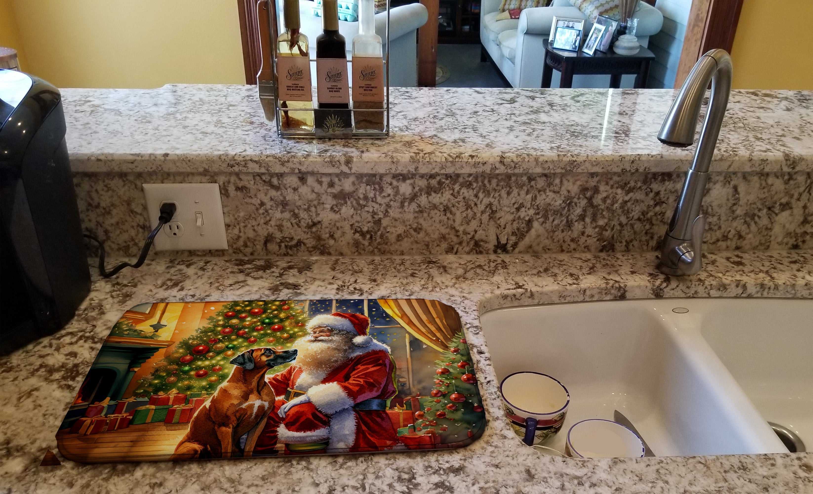 Rhodesian Ridgeback and Santa Claus Dish Drying Mat Absorbent Dish Drying Mat Pad for Kitchen Counter Dish Drainer Mat for Countertop, 14 x 21", Multicolor