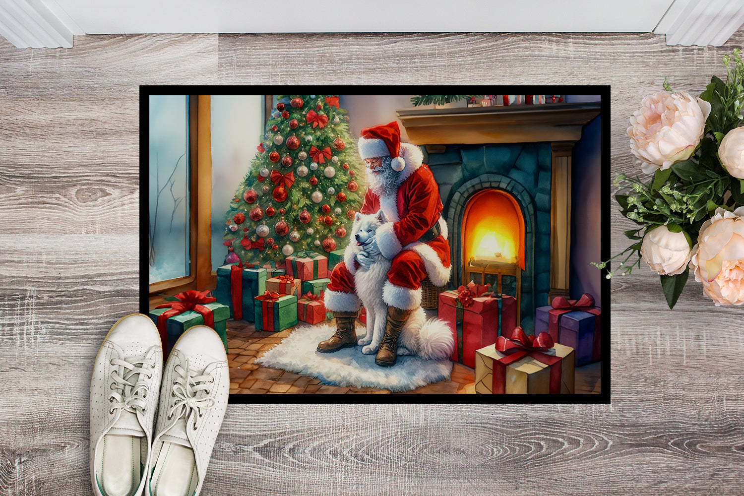 Samoyed and Santa Claus Doormat Indoor Outdoor 18H X 27W Front Door Mat Rugs for Entryway, Non Slip Washable