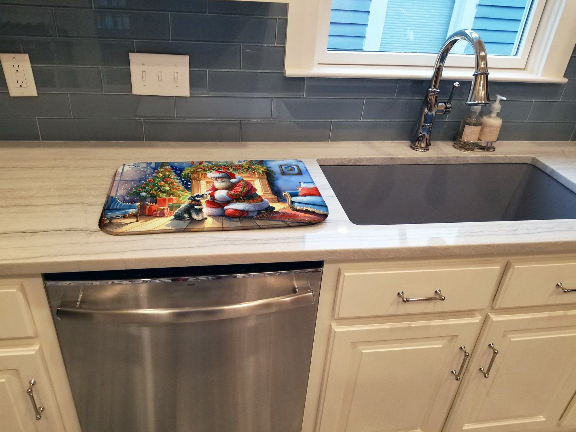 Schnauzer and Santa Claus Dish Drying Mat Absorbent Dish Drying Mat Pad for Kitchen Counter Dish Drainer Mat for Countertop, 14 x 21", Multicolor