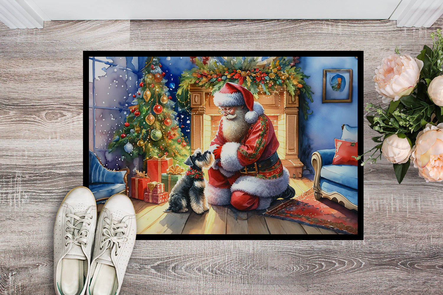 Schnauzer and Santa Claus Doormat Indoor Outdoor 24H X 36W Front Door Mat Rugs for Entryway, Non Slip Washable Low Pile,