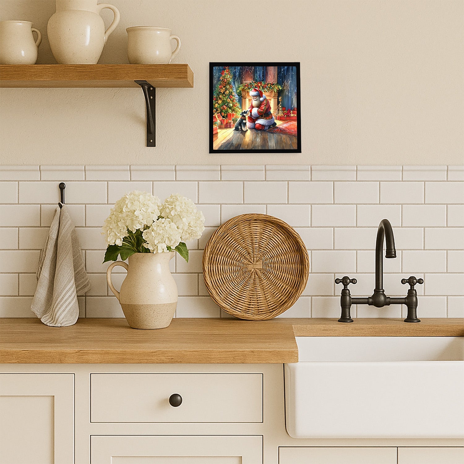 Schnauzer and Santa Claus Framed Metal Print Bathroom, Kitchen, Office, Home Decor Wall Art Ready to Hang, Square, 8X8