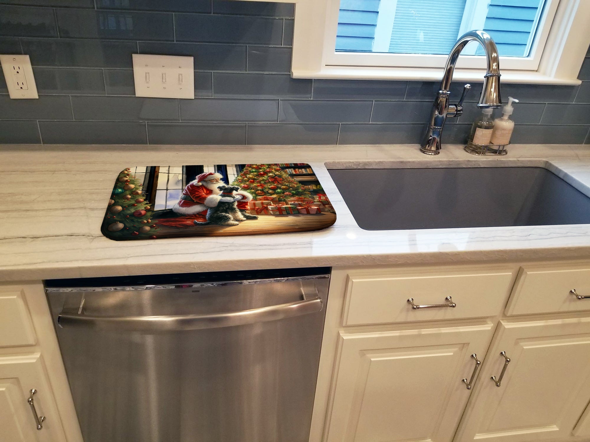 Schnauzer and Santa Claus Dish Drying Mat Absorbent Dish Drying Mat Pad for Kitchen Counter Dish Drainer Mat for Countertop, 14 x 21", Multicolor
