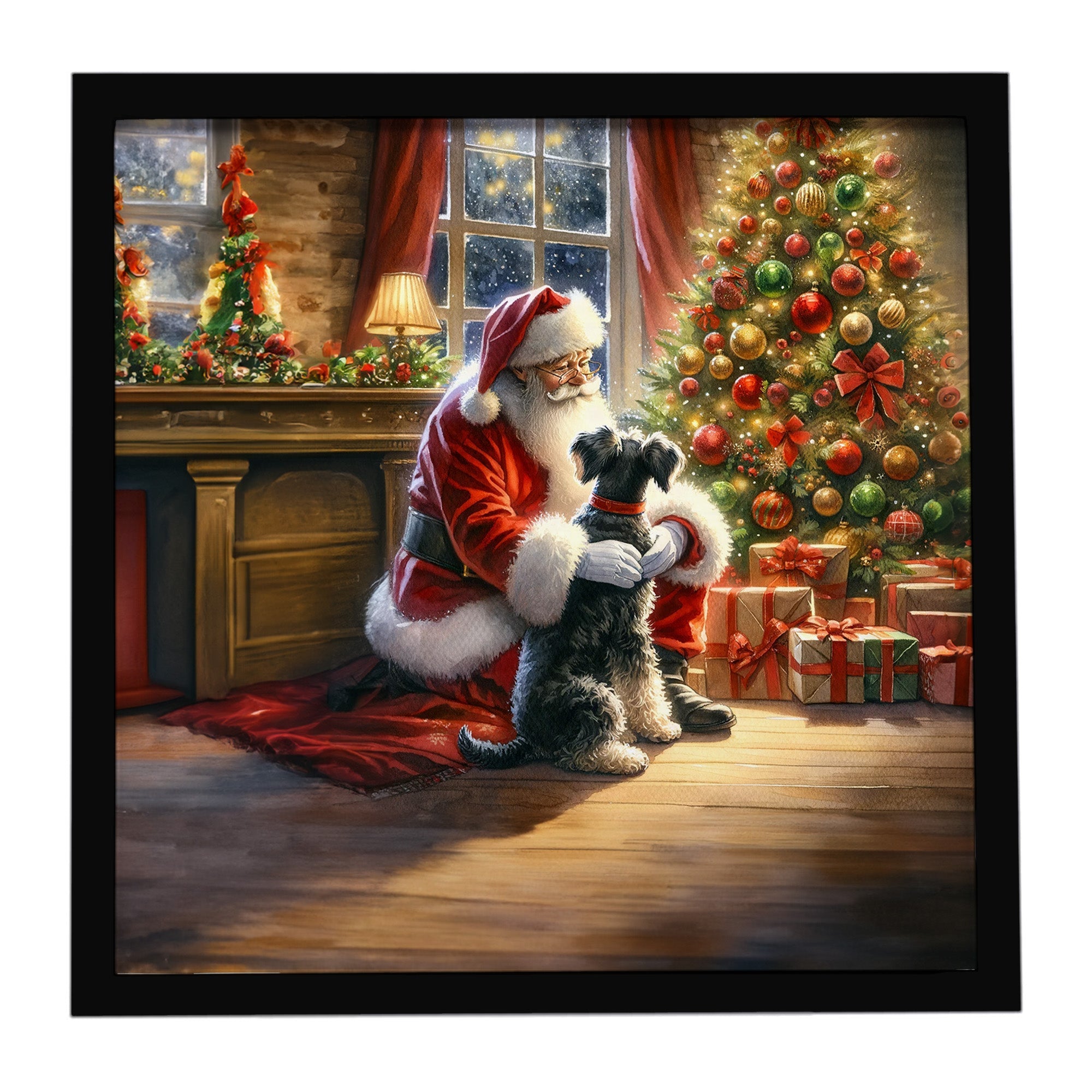Schnauzer and Santa Claus Framed Metal Print Bathroom, Kitchen, Office, Home Decor Wall Art Ready to Hang, Square, 8X8