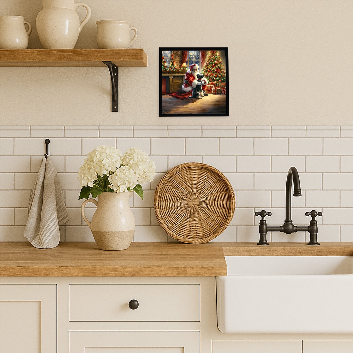 Schnauzer and Santa Claus Framed Metal Print Bathroom, Kitchen, Office, Home Decor Wall Art Ready to Hang, Square, 8X8