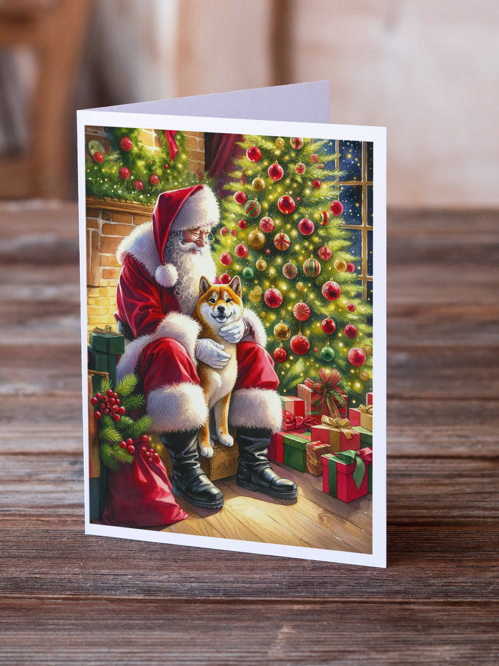 Shiba Inu and Santa Claus Greeting Cards Pack of 8 Blank Cards with Envelopes Whimsical A7 Size 5x7