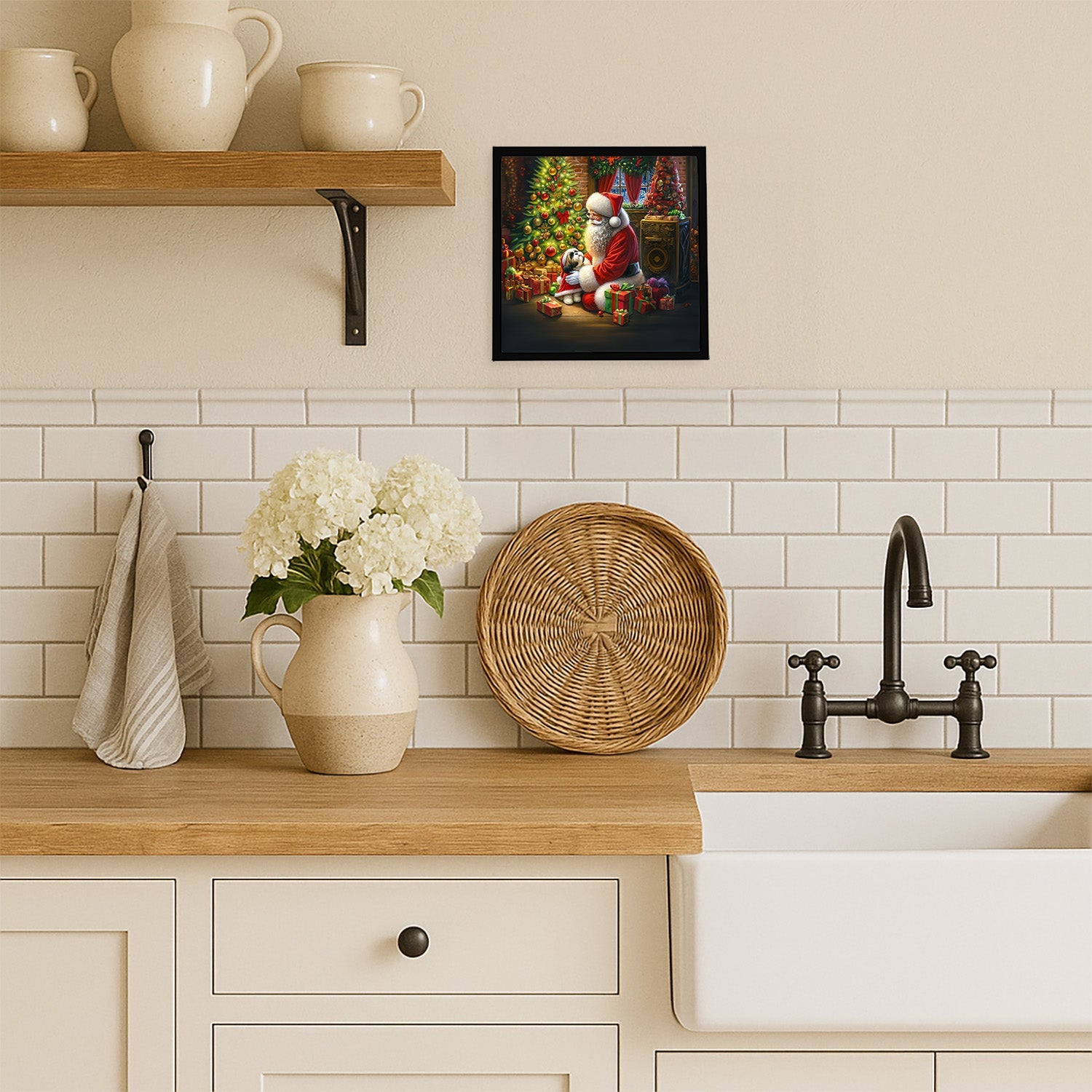 Shih Tzu and Santa Claus Framed Metal Print Bathroom, Kitchen, Office, Home Decor Wall Art Ready to Hang, Square, 8X8