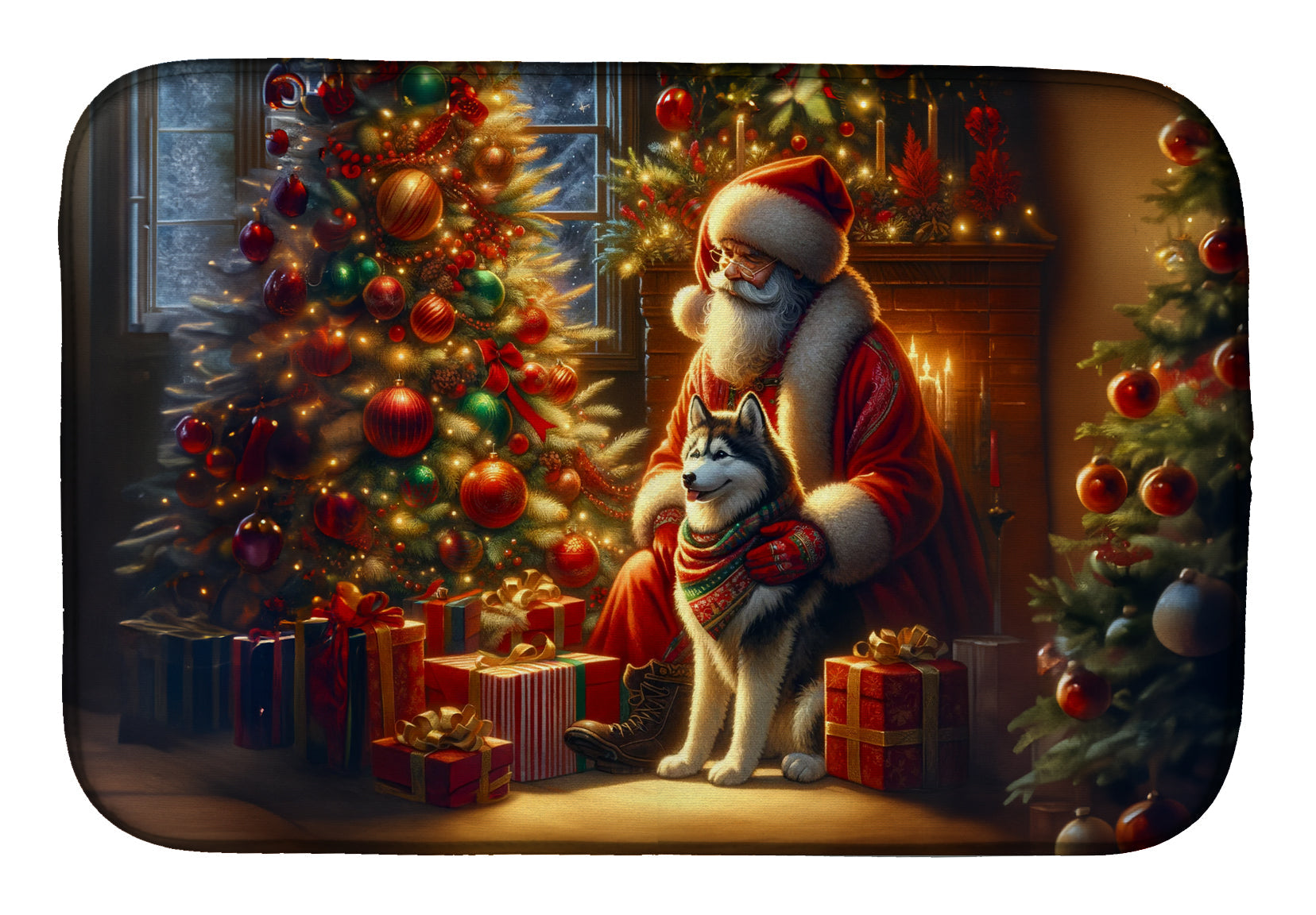 Siberian Husky and Santa Claus Dish Drying Mat Absorbent Dish Drying Mat Pad for Kitchen Counter Dish Drainer Mat for Countertop, 14 x 21", Multicolor