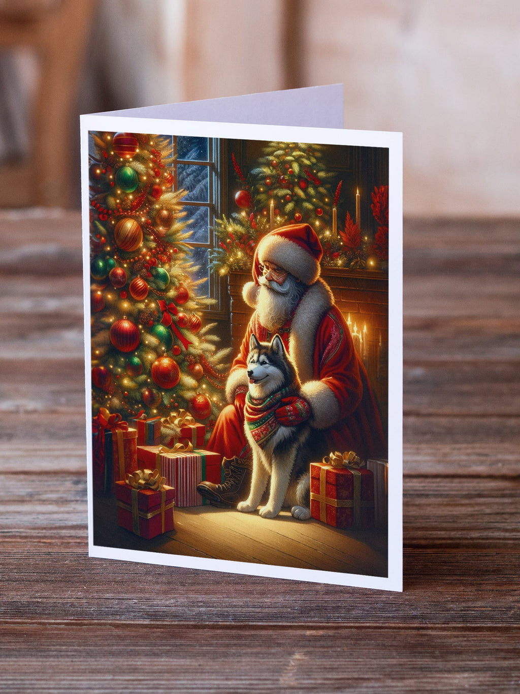 Siberian Husky and Santa Claus Greeting Cards Pack of 8 Blank Cards with Envelopes Whimsical A7 Size 5x7