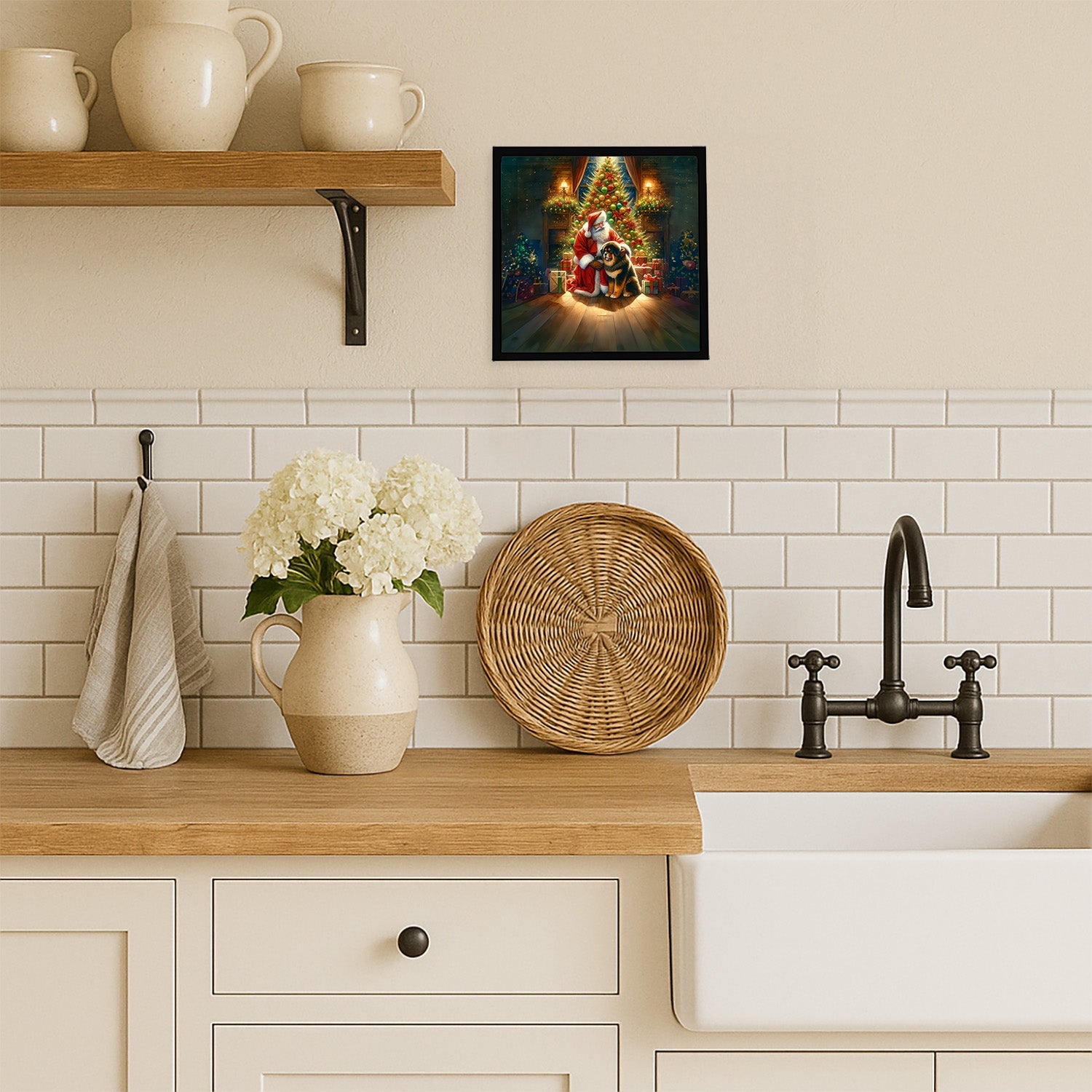 Tibetan Mastiff and Santa Claus Framed Metal Print Bathroom, Kitchen, Office, Home Decor Wall Art Ready to Hang, Square, 8X8
