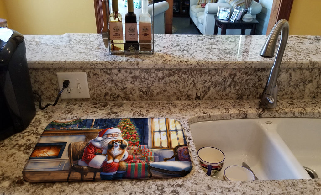 Tibetan Spaniel and Santa Claus Dish Drying Mat Absorbent Dish Drying Mat Pad for Kitchen Counter Dish Drainer Mat for Countertop, 14 x 21", Multicolor