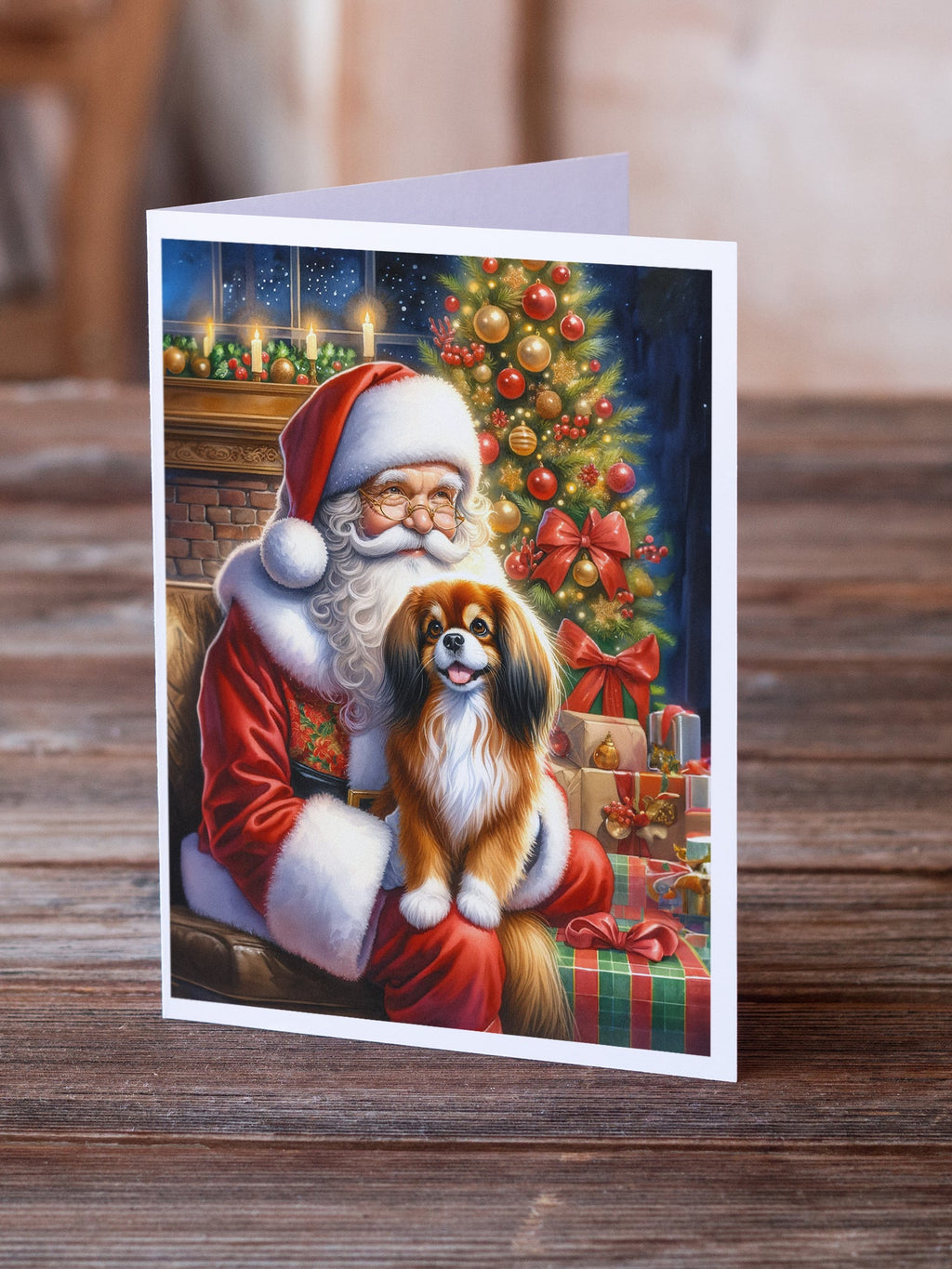 Tibetan Spaniel and Santa Claus Greeting Cards Pack of 8 Blank Cards with Envelopes Whimsical A7 Size 5x7