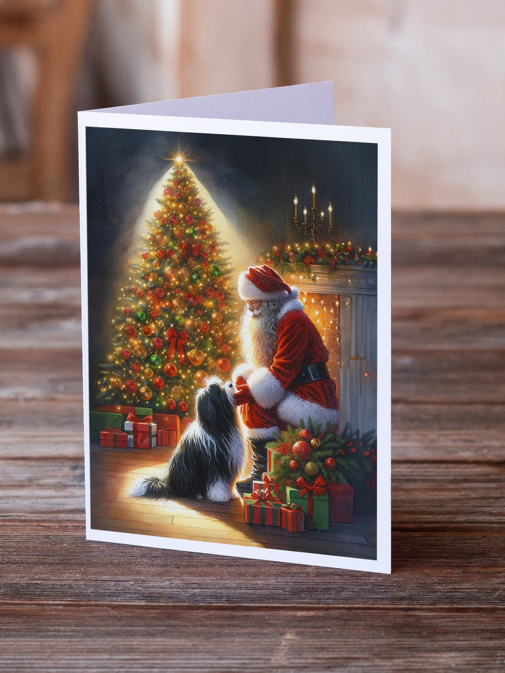 Tibetan Terrier and Santa Claus Greeting Cards Pack of 8 Blank Cards with Envelopes Whimsical A7 Size 5x7