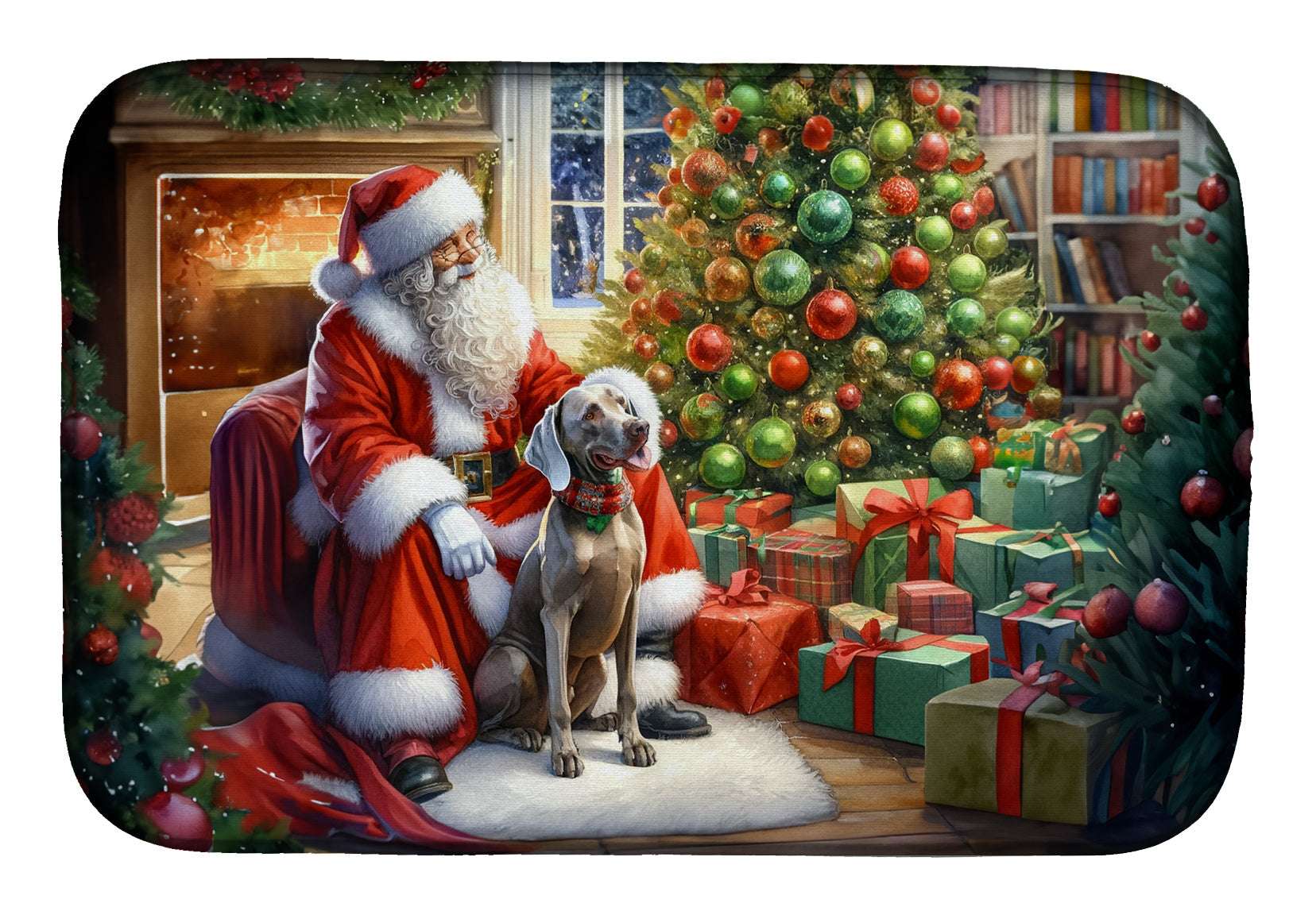 Weimaraner and Santa Claus Dish Drying Mat Absorbent Dish Drying Mat Pad for Kitchen Counter Dish Drainer Mat for Countertop, 14 x 21", Multicolor
