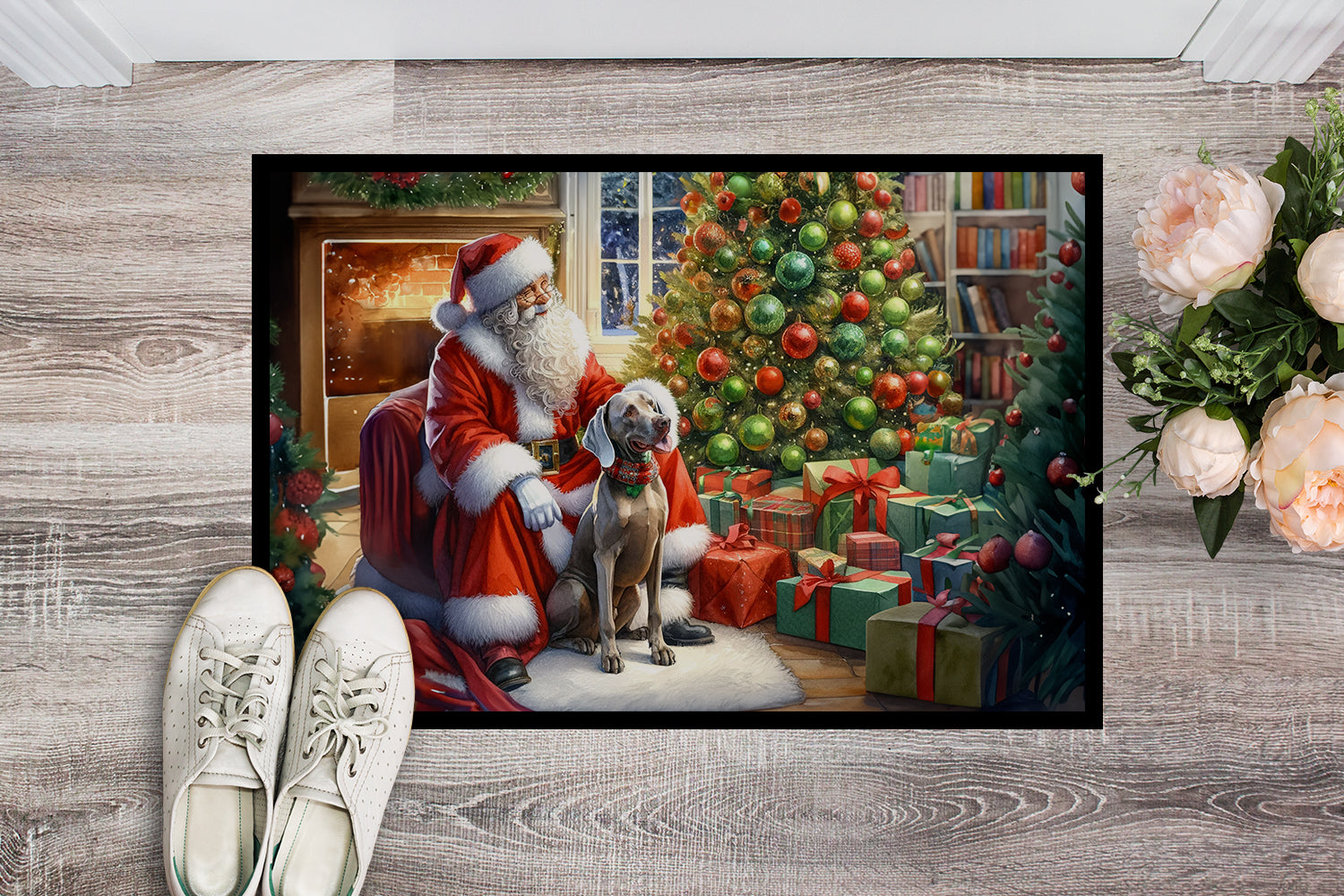 Weimaraner and Santa Claus Doormat Indoor Outdoor 24H X 36W Front Door Mat Rugs for Entryway, Non Slip Washable Low Pile,