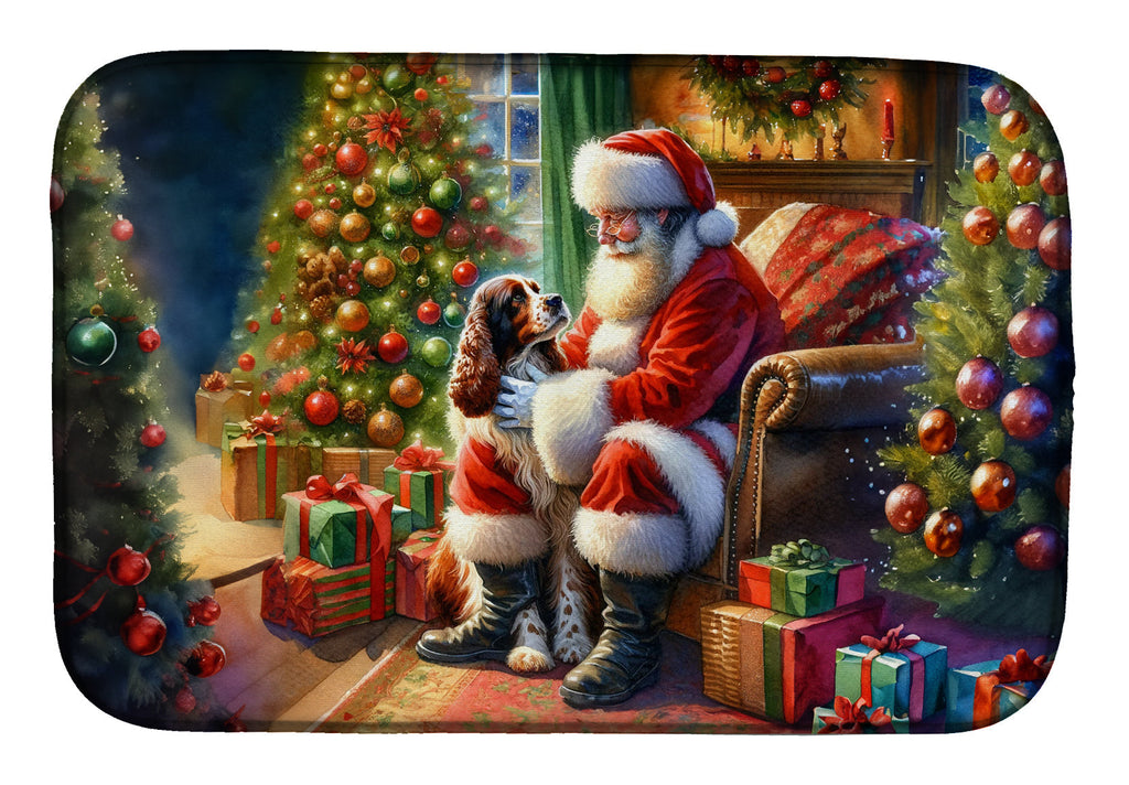 Welsh Springer Spaniel and Santa Claus Dish Drying Mat Absorbent Dish Drying Mat Pad for Kitchen Counter Dish Drainer Mat for Countertop, 14 x 21", Multicolor