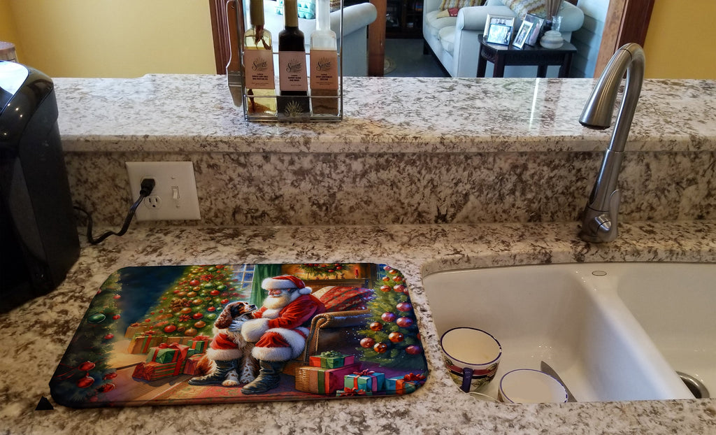 Welsh Springer Spaniel and Santa Claus Dish Drying Mat Absorbent Dish Drying Mat Pad for Kitchen Counter Dish Drainer Mat for Countertop, 14 x 21", Multicolor