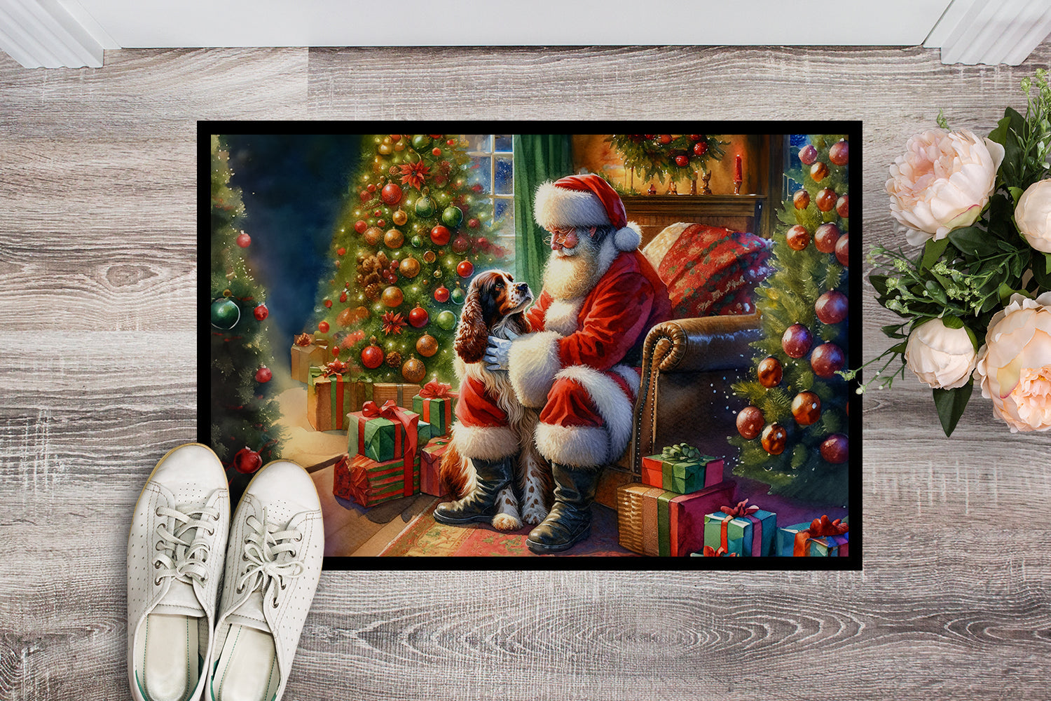 Welsh Springer Spaniel and Santa Claus Doormat Indoor Outdoor 18H X 27W Front Door Mat Rugs for Entryway, Non Slip Washable