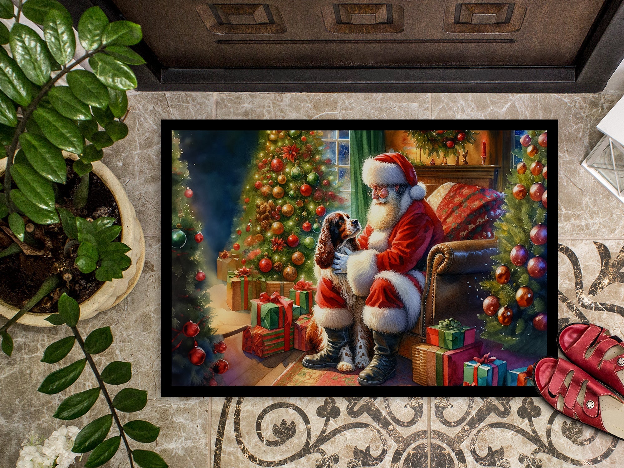 Welsh Springer Spaniel and Santa Claus Doormat Indoor Outdoor 18H X 27W Front Door Mat Rugs for Entryway, Non Slip Washable