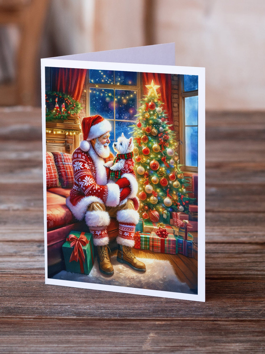 Westie and Santa Claus Greeting Cards Pack of 8 Blank Cards with Envelopes Whimsical A7 Size 5x7