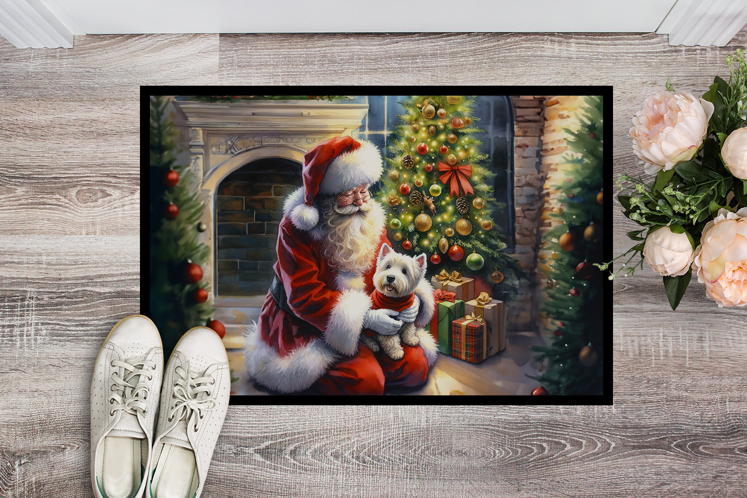 Westie and Santa Claus Doormat Indoor Outdoor 18H X 27W Front Door Mat Rugs for Entryway, Non Slip Washable