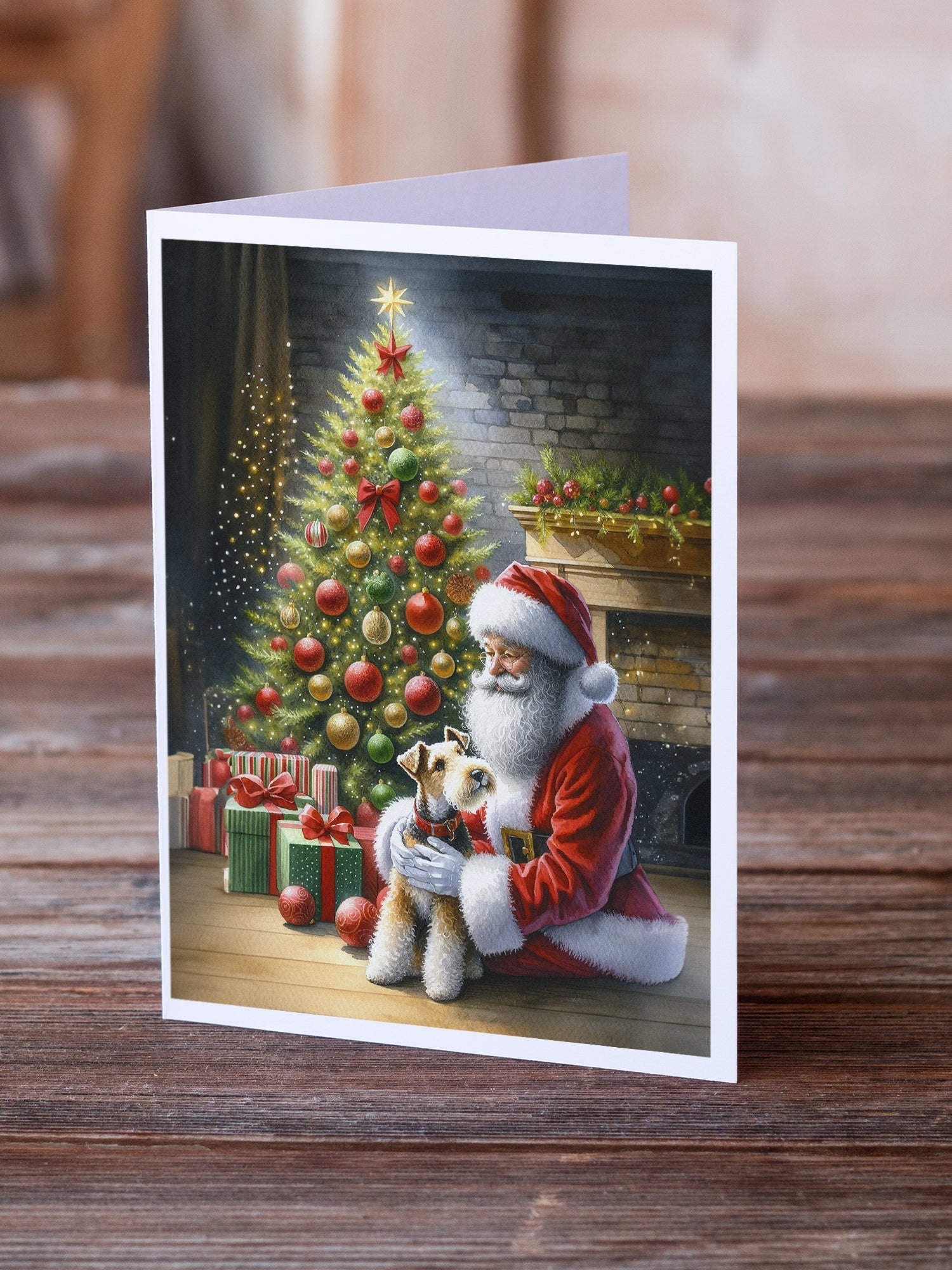 Fox Terrier and Santa Claus Greeting Cards Pack of 8 Blank Cards with Envelopes Whimsical A7 Size 5x7