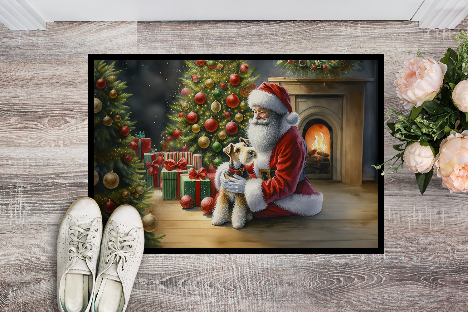 Fox Terrier and Santa Claus Doormat Indoor Outdoor 24H X 36W Front Door Mat Rugs for Entryway, Non Slip Washable Low Pile,