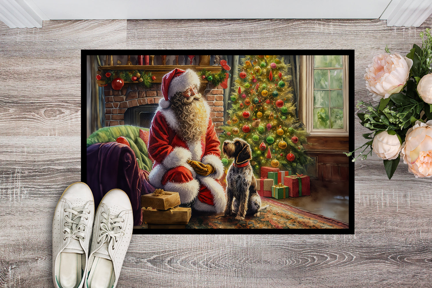 Wirehaired Pointing Griffon and Santa Claus Doormat Indoor Outdoor 18H X 27W Front Door Mat Rugs for Entryway, Non Slip Washable