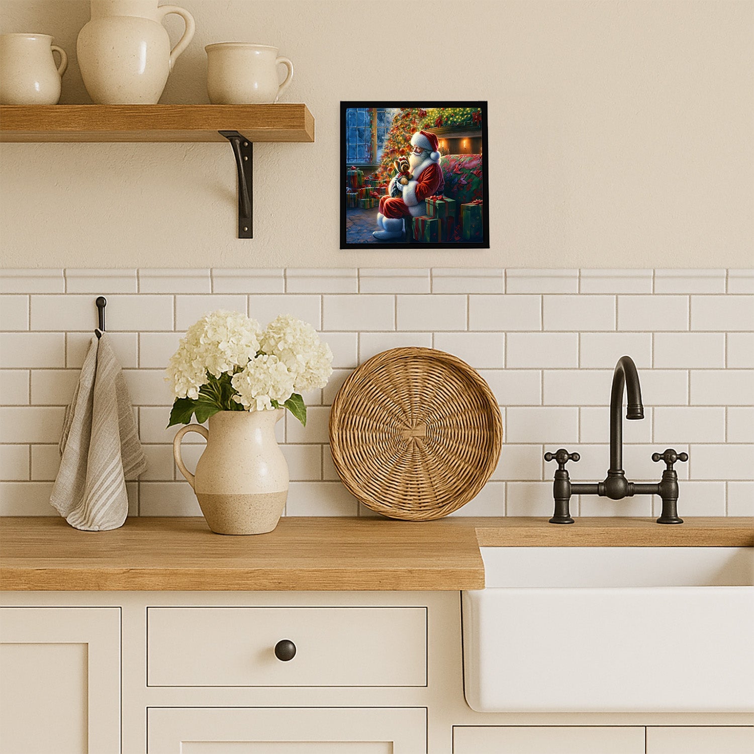 Yorkshire Terrier Yorkie and Santa Claus Framed Metal Print Bathroom, Kitchen, Office, Home Decor Wall Art Ready to Hang, Square, 8X8