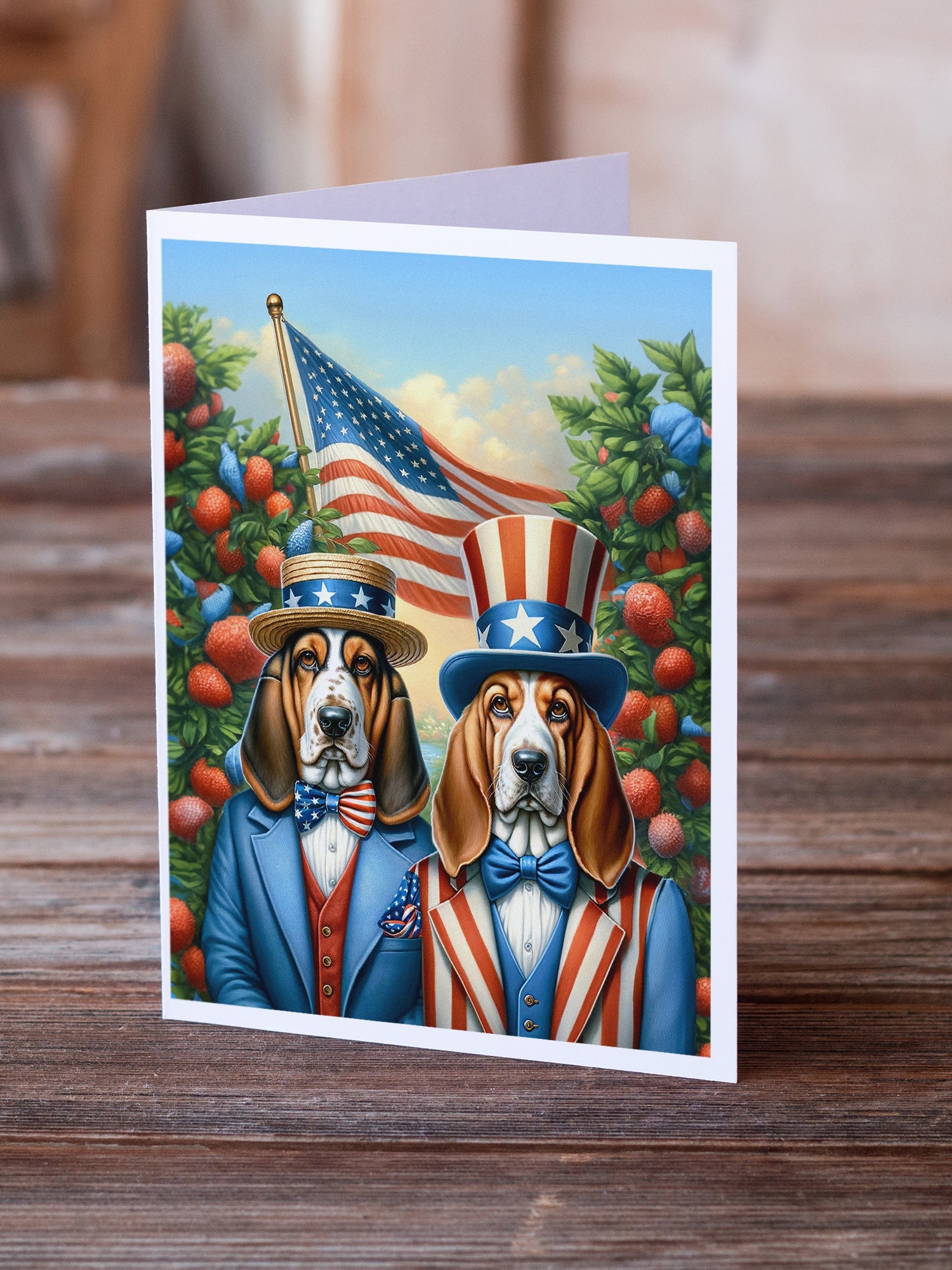 All American Basset Hound Greeting Cards Pack of 8 Blank Cards with Envelopes Whimsical A7 Size 5x7