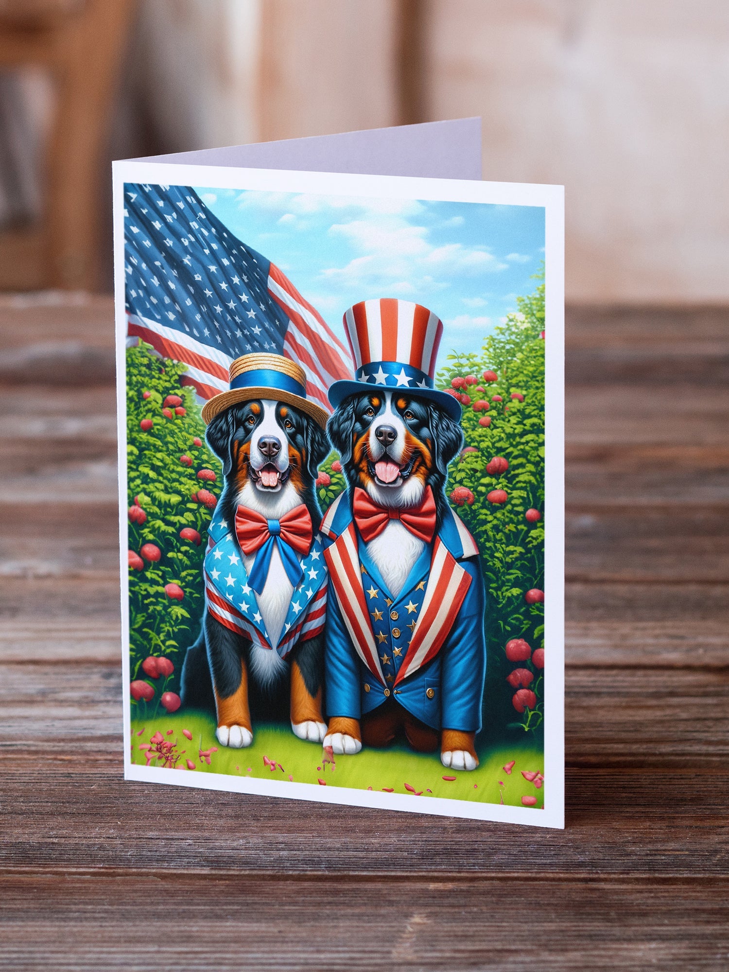 All American Bernese Mountain Dog Greeting Cards Pack of 8 Blank Cards with Envelopes Whimsical A7 Size 5x7