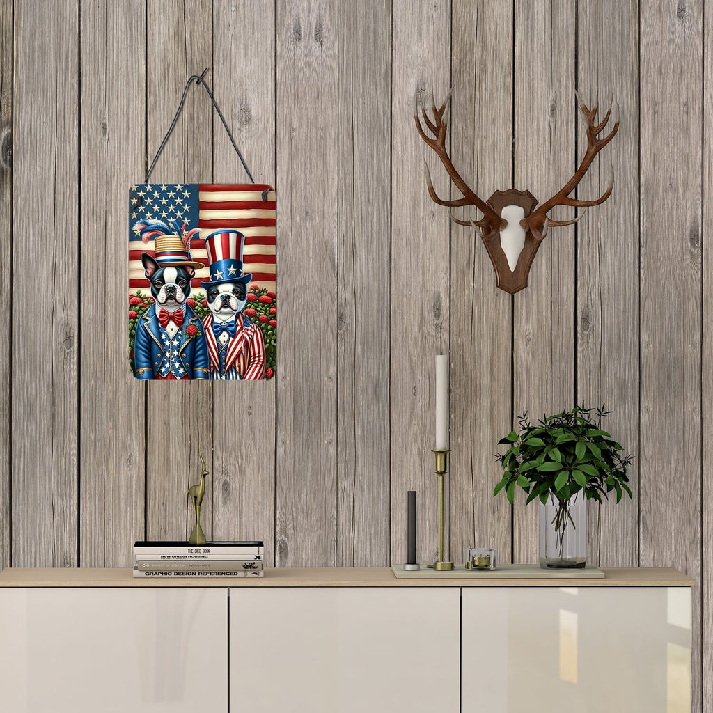All American Boston Terrier Wall or Door Hanging Prints Aluminum Metal Sign Kitchen Wall Bar Bathroom Plaque Home Decor Front Door Plaque, 12x16, Multicolor