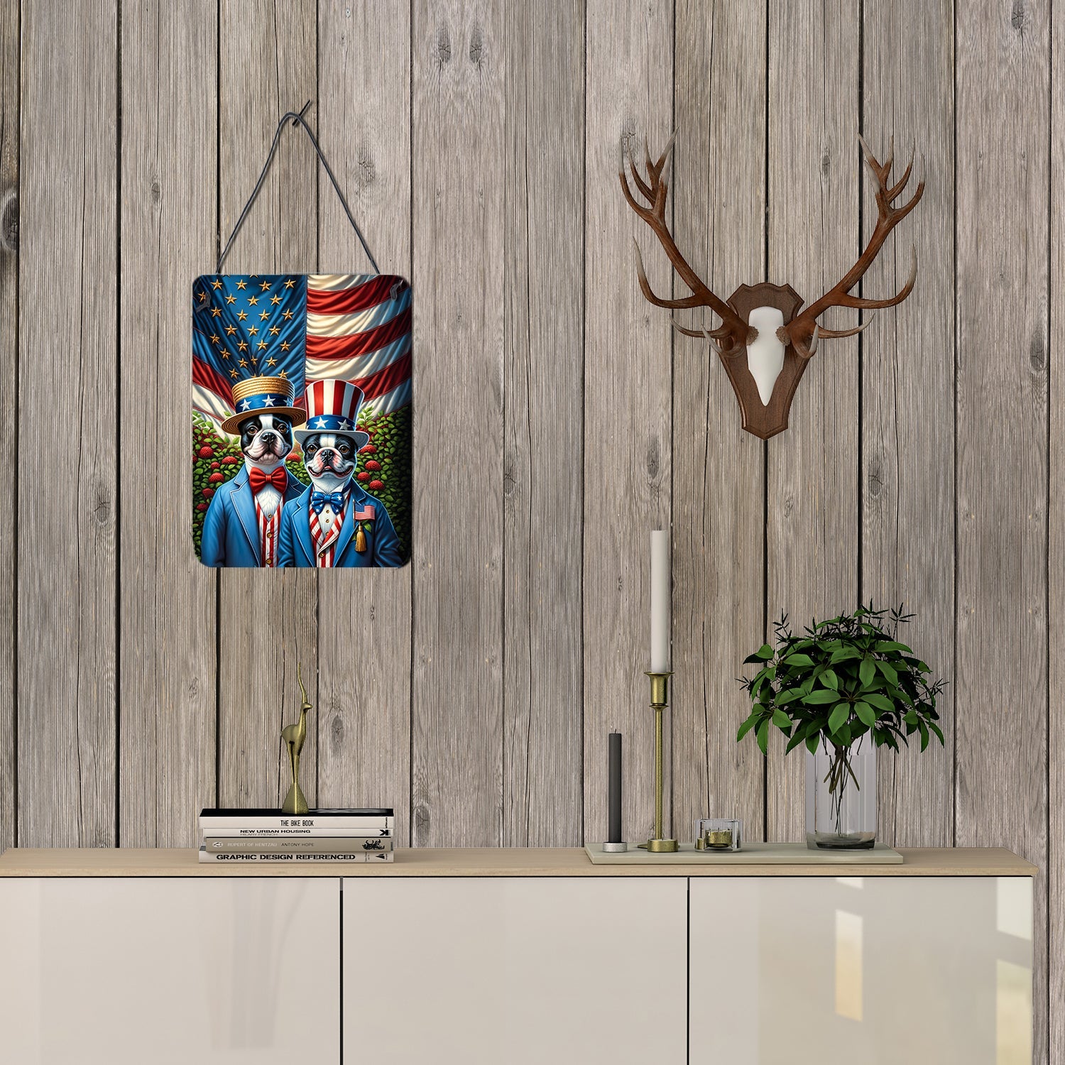 All American Boston Terrier Wall or Door Hanging Prints Aluminum Metal Sign Kitchen Wall Bar Bathroom Plaque Home Decor Front Door Plaque, 12x16, Multicolor