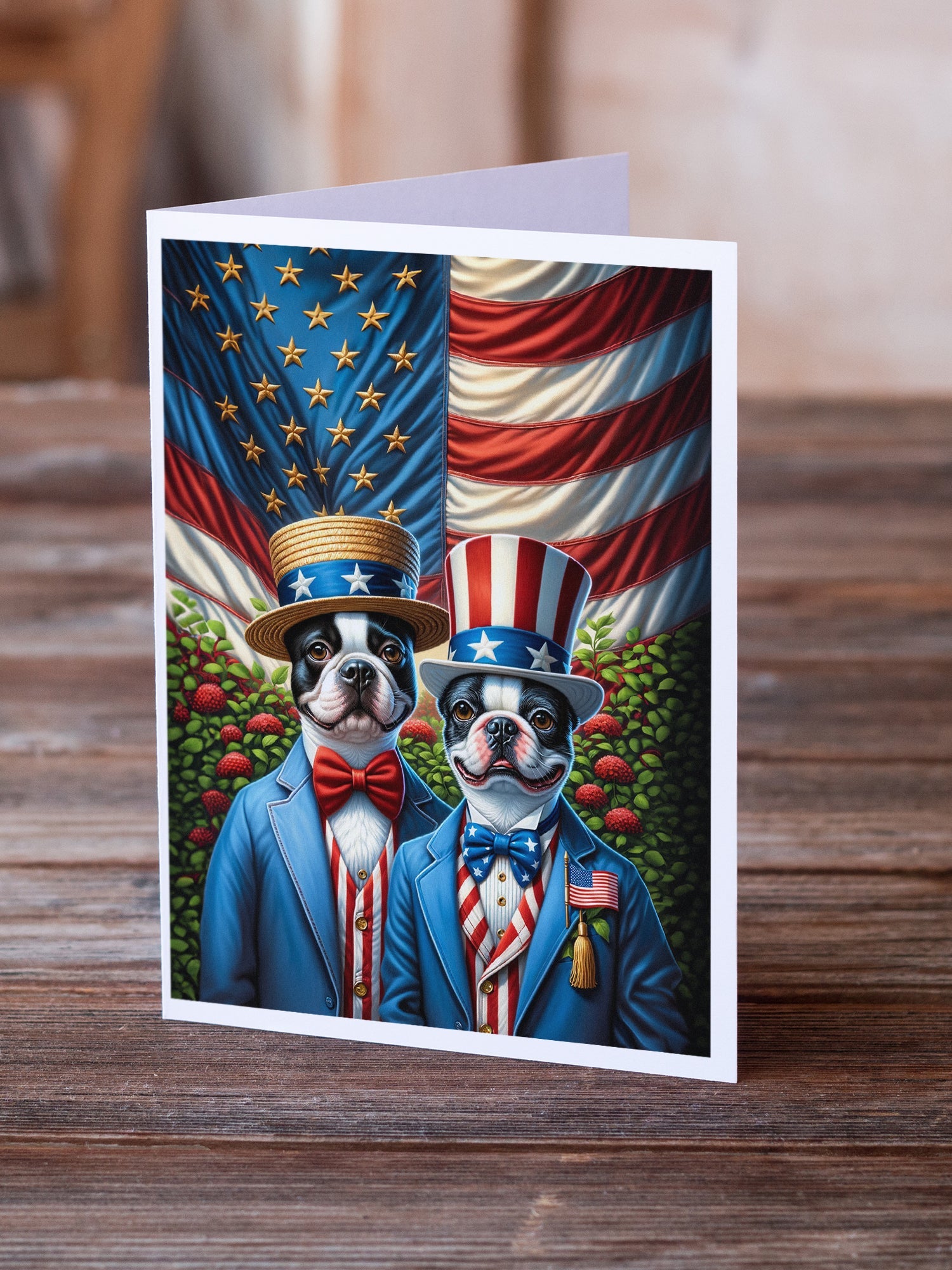 All American Boston Terrier Greeting Cards Pack of 8 Blank Cards with Envelopes Whimsical A7 Size 5x7