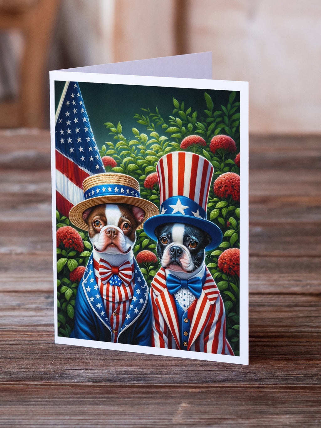 All American Boston Terrier Greeting Cards Pack of 8 Blank Cards with Envelopes Whimsical A7 Size 5x7