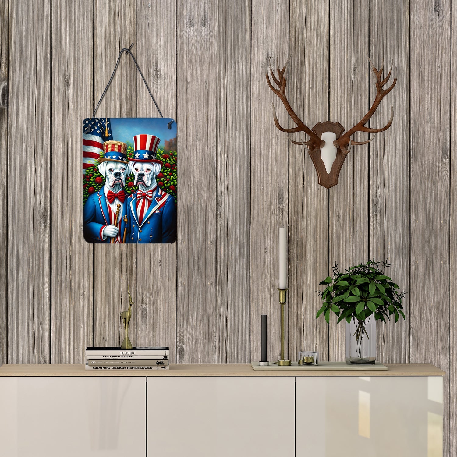 All American White Boxer Wall or Door Hanging Prints Aluminum Metal Sign Kitchen Wall Bar Bathroom Plaque Home Decor Front Door Plaque, 12x16, Multicolor
