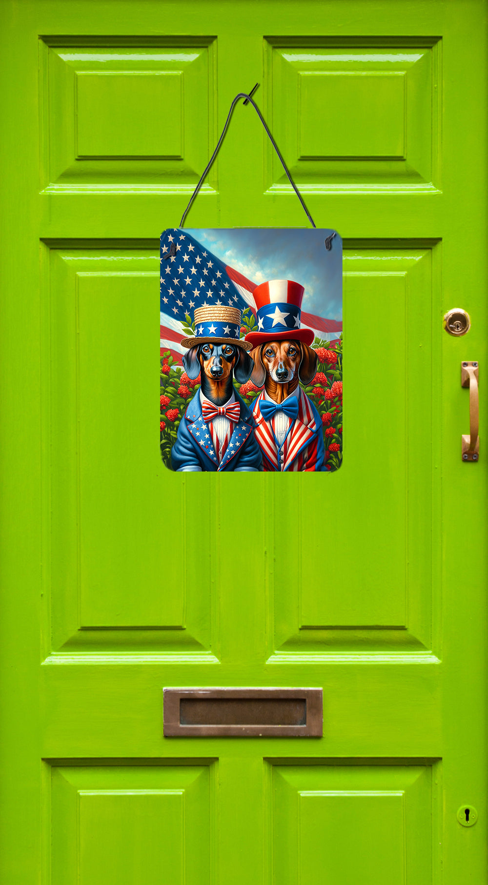 All American Dachshund Wall or Door Hanging Prints Aluminum Metal Sign Kitchen Wall Bar Bathroom Plaque Home Decor Front Door Plaque, 12x16, Multicolor