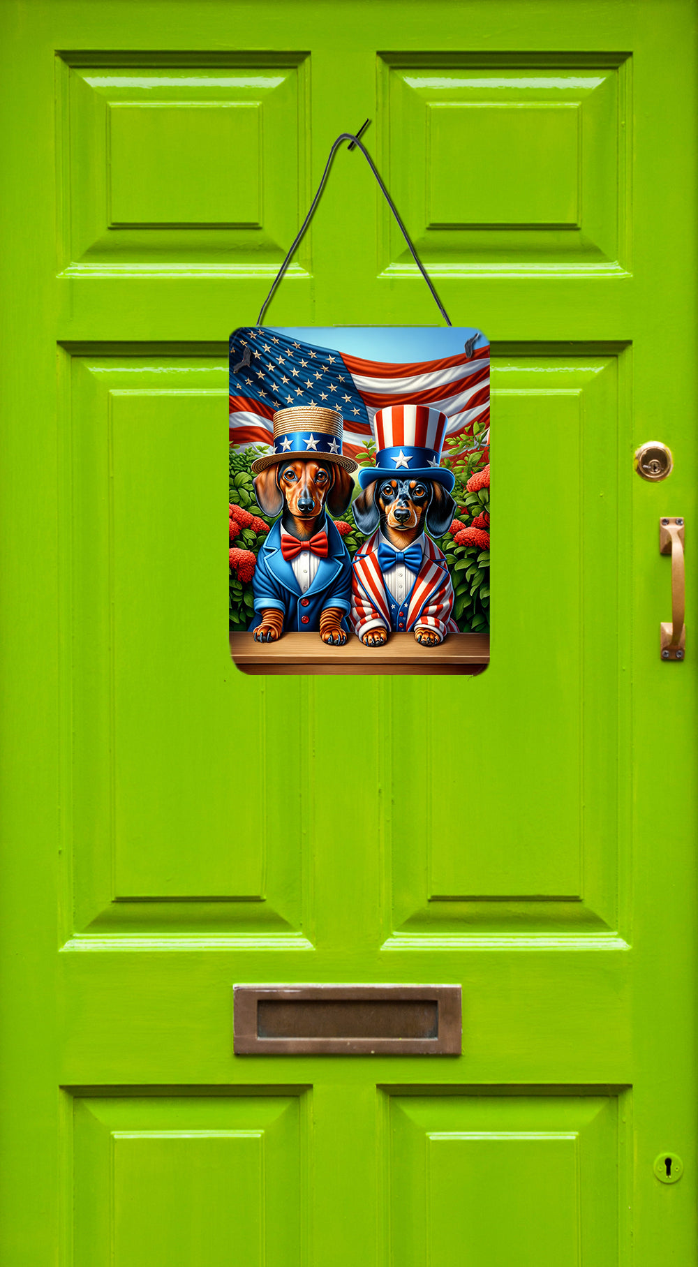 All American Dachshund Wall or Door Hanging Prints Aluminum Metal Sign Kitchen Wall Bar Bathroom Plaque Home Decor Front Door Plaque, 12x16, Multicolor