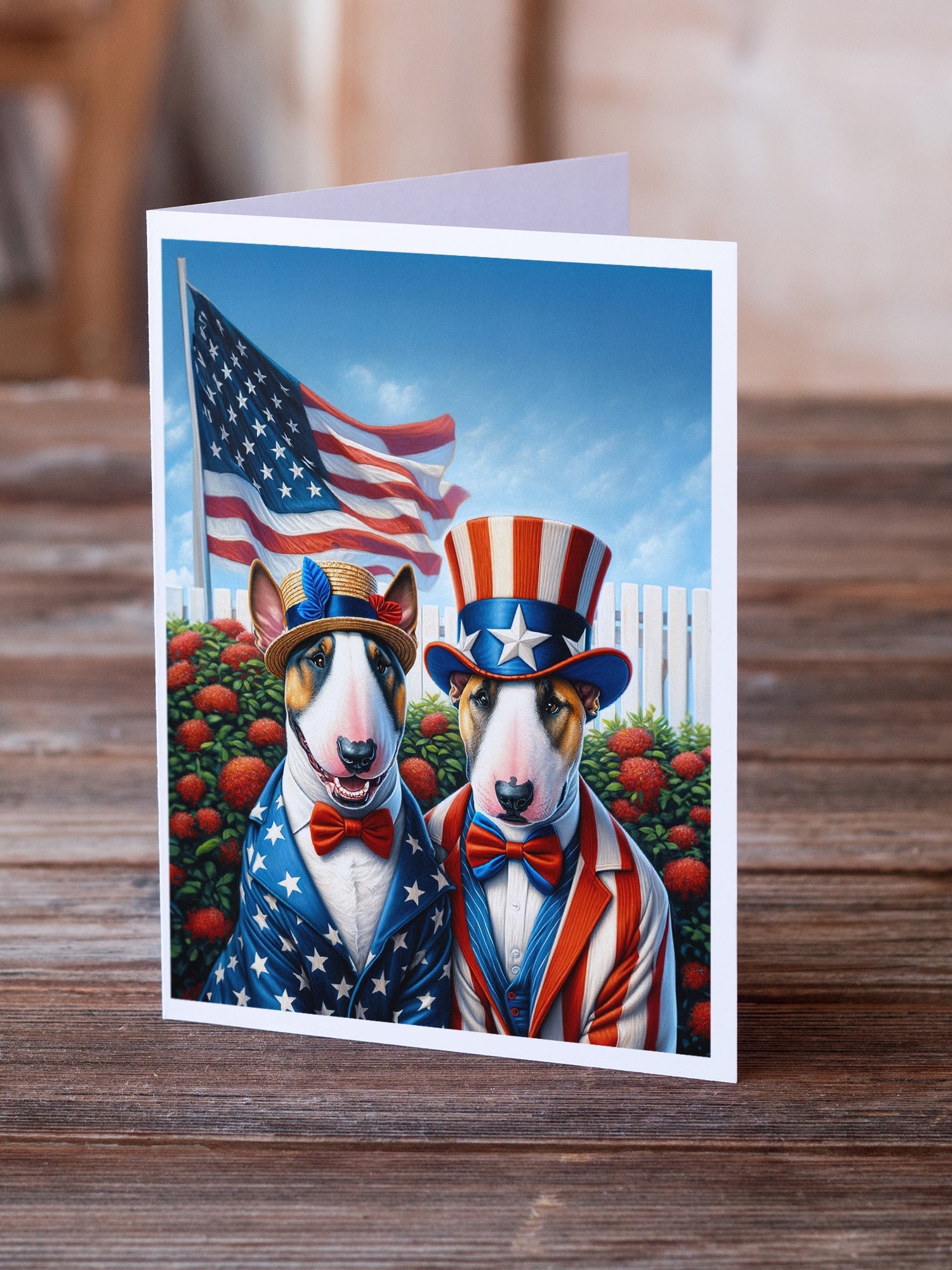 All American English Bull Terrier Greeting Cards Pack of 8 Blank Cards with Envelopes Whimsical A7 Size 5x7