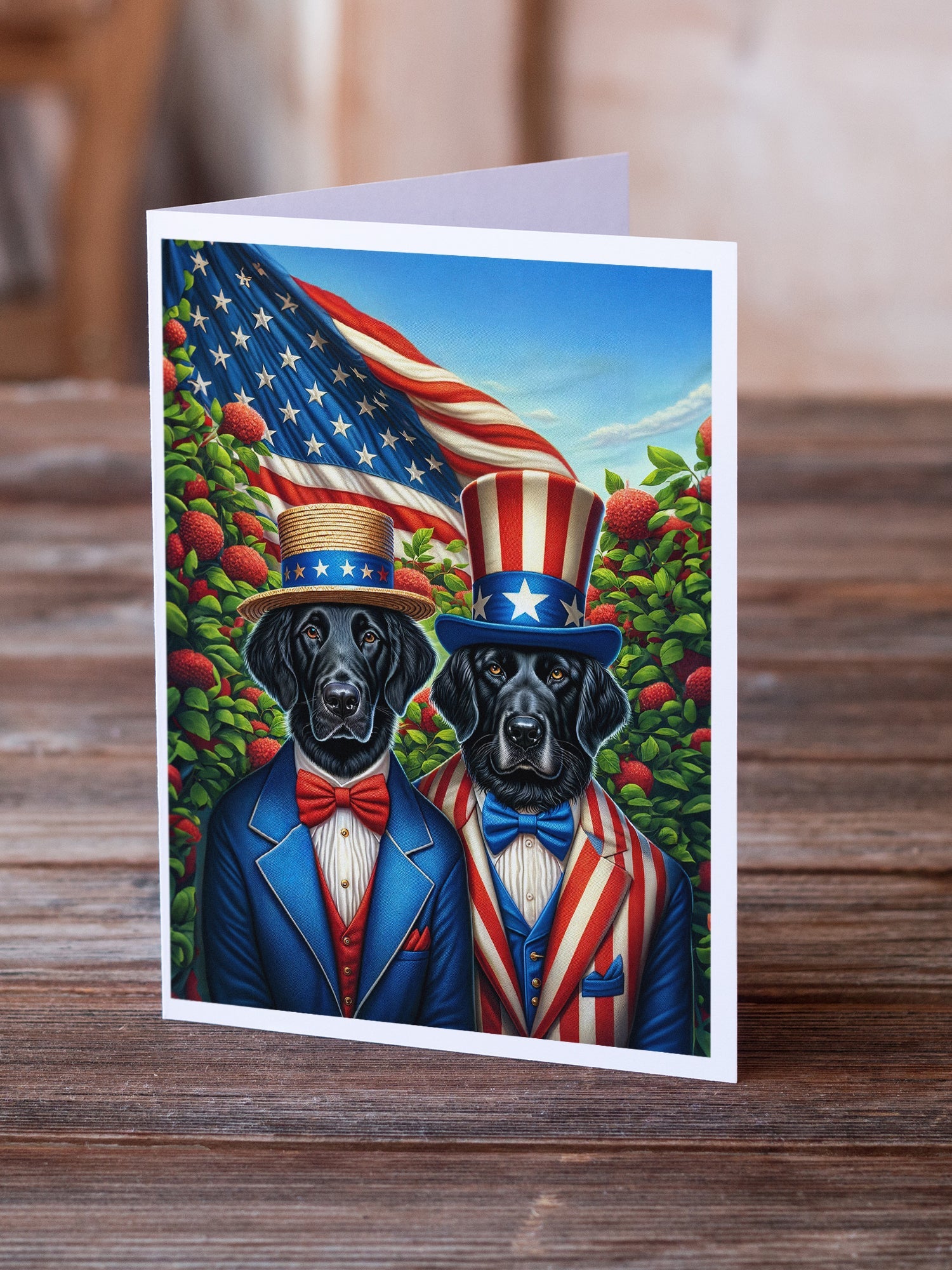 All American Flat-Coated Retriever Greeting Cards Pack of 8 Blank Cards with Envelopes Whimsical A7 Size 5x7