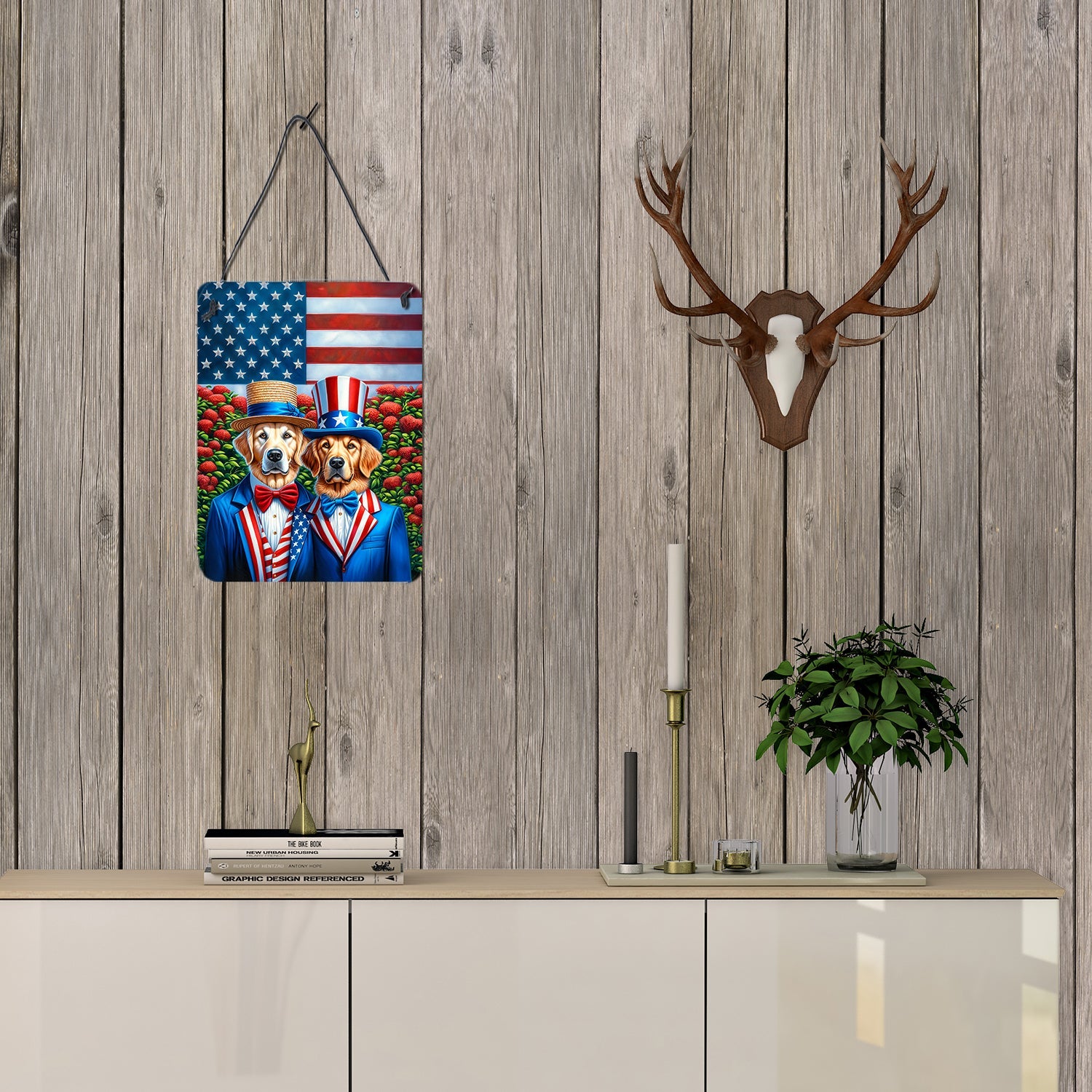 All American Golden Retriever Wall or Door Hanging Prints Aluminum Metal Sign Kitchen Wall Bar Bathroom Plaque Home Decor Front Door Plaque, 12x16, Multicolor