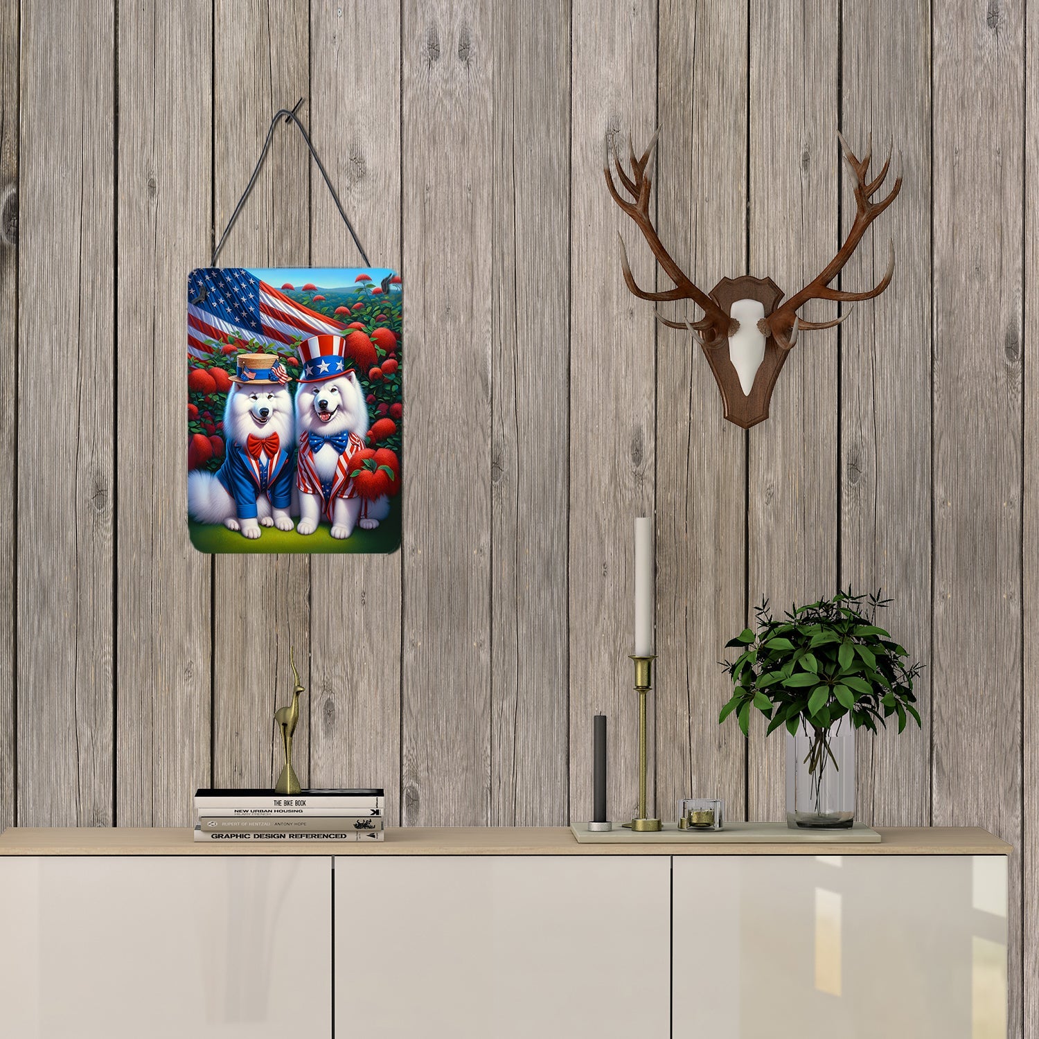 All American Samoyed Wall or Door Hanging Prints Aluminum Metal Sign Kitchen Wall Bar Bathroom Plaque Home Decor Front Door Plaque, 12x16, Multicolor