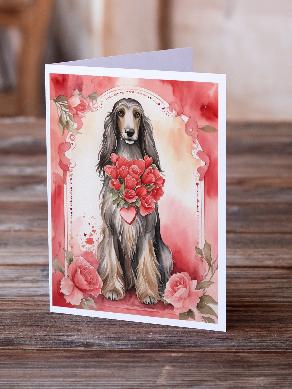 Afghan Hound Valentine Roses Greeting Cards Pack of 8 Blank Cards with Envelopes Whimsical A7 Size 5x7