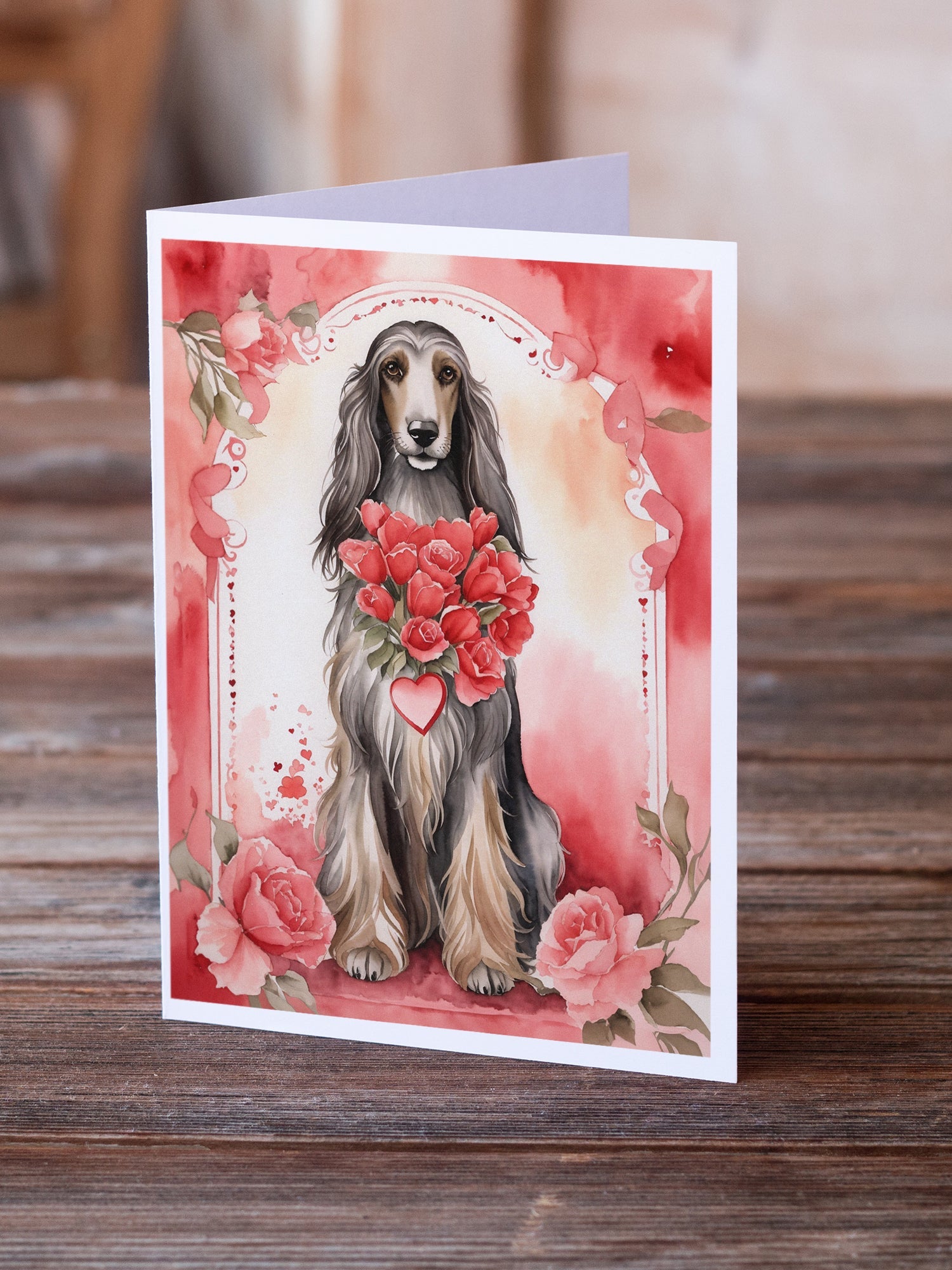 Afghan Hound Valentine Roses Greeting Cards Pack of 8 Blank Cards with Envelopes Whimsical A7 Size 5x7