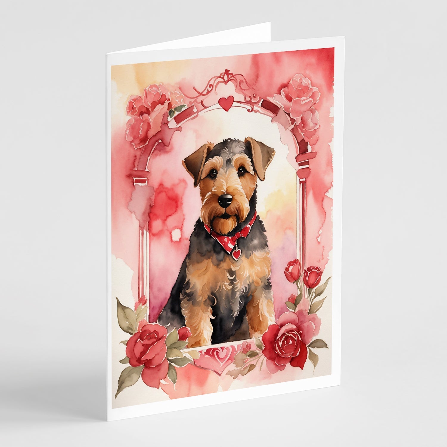 Airedale Terrier Valentine Roses Greeting Cards Pack of 8 Blank Cards with Envelopes Whimsical A7 Size 5x7