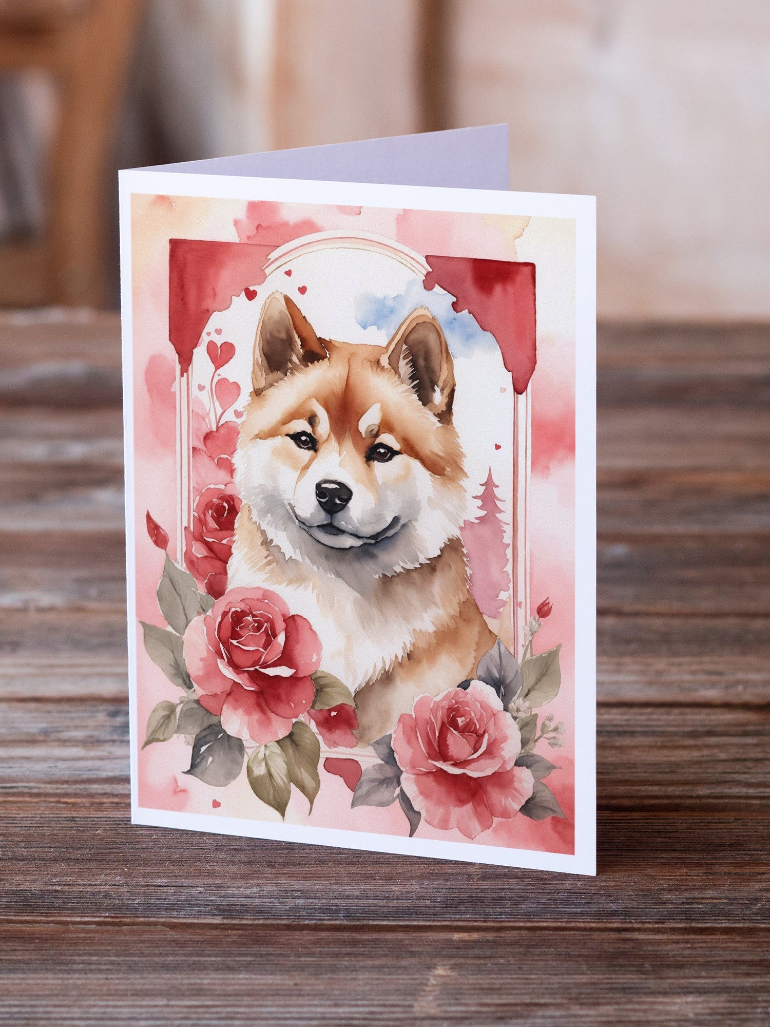 Akita Valentine Roses Greeting Cards Pack of 8 Blank Cards with Envelopes Whimsical A7 Size 5x7