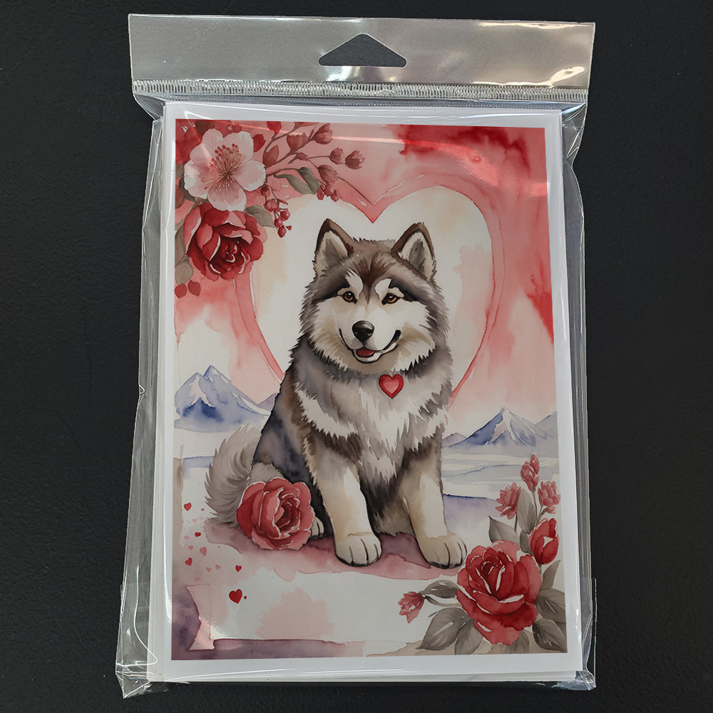 Alaskan Malamute Valentine Roses Greeting Cards Pack of 8 Blank Cards with Envelopes Whimsical A7 Size 5x7
